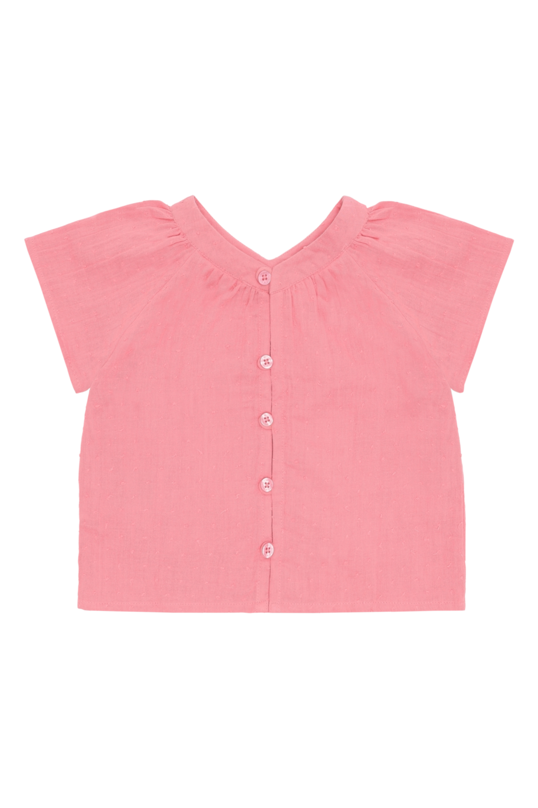 Detailansicht des Roselyn Shirts – feine Rüschen am Hals, zartes Rosa