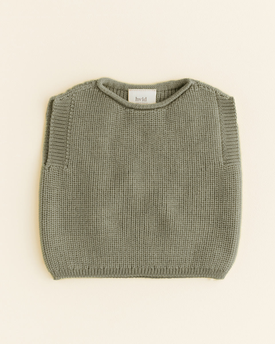 Hvid Baby Strickweste Harvey in Artichoke, nahtlos gestrickt aus Merinowolle, erhältlich bei Bärechind