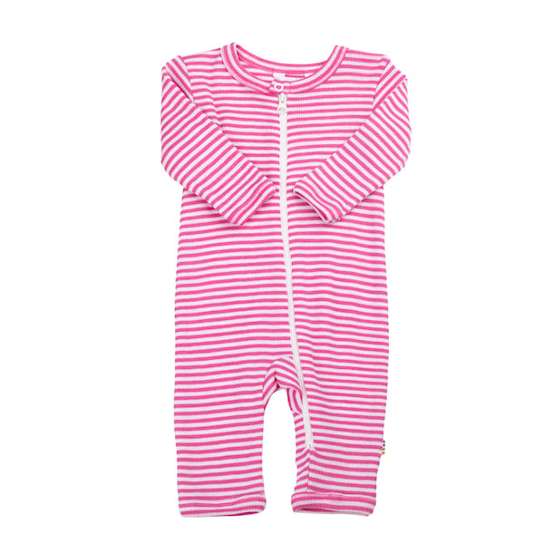 Baby-Pyjama aus rosa-weiss gestreifter Wolle/Seide mit Reissverschluss, Modell von Joha