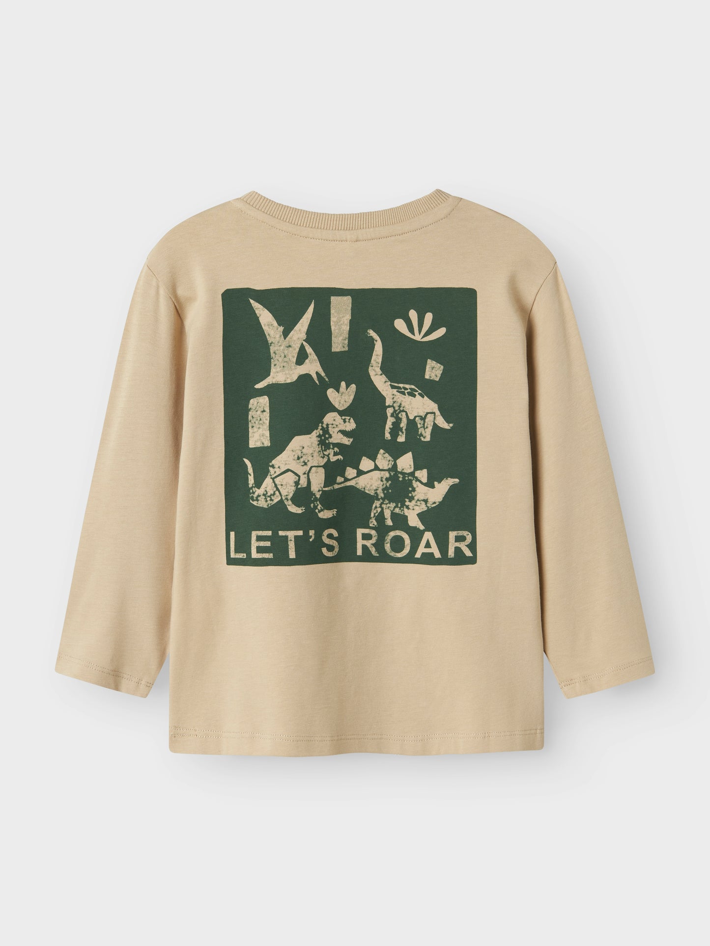 Vorderansicht beiges Kinder-Langarmshirt mit Dino-Print, Bärechind, Winterthur, Zürich Schweiz
