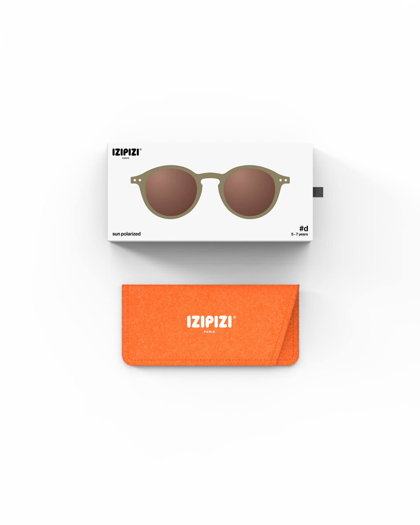 IZIPIZI Kinder Sonnenbrille Olive mit Verpackung und Etui – erhältlich bei Bärechind Winterthur