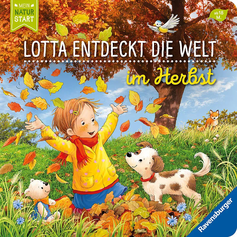 Cover des Kinderbuchs „Lotta entdeckt die Welt im Herbst“ von Ravensburger – Kleinkind schaut lachend in die herbstlich bunte Natur, umgeben von fallenden Blättern und einem Hund.
