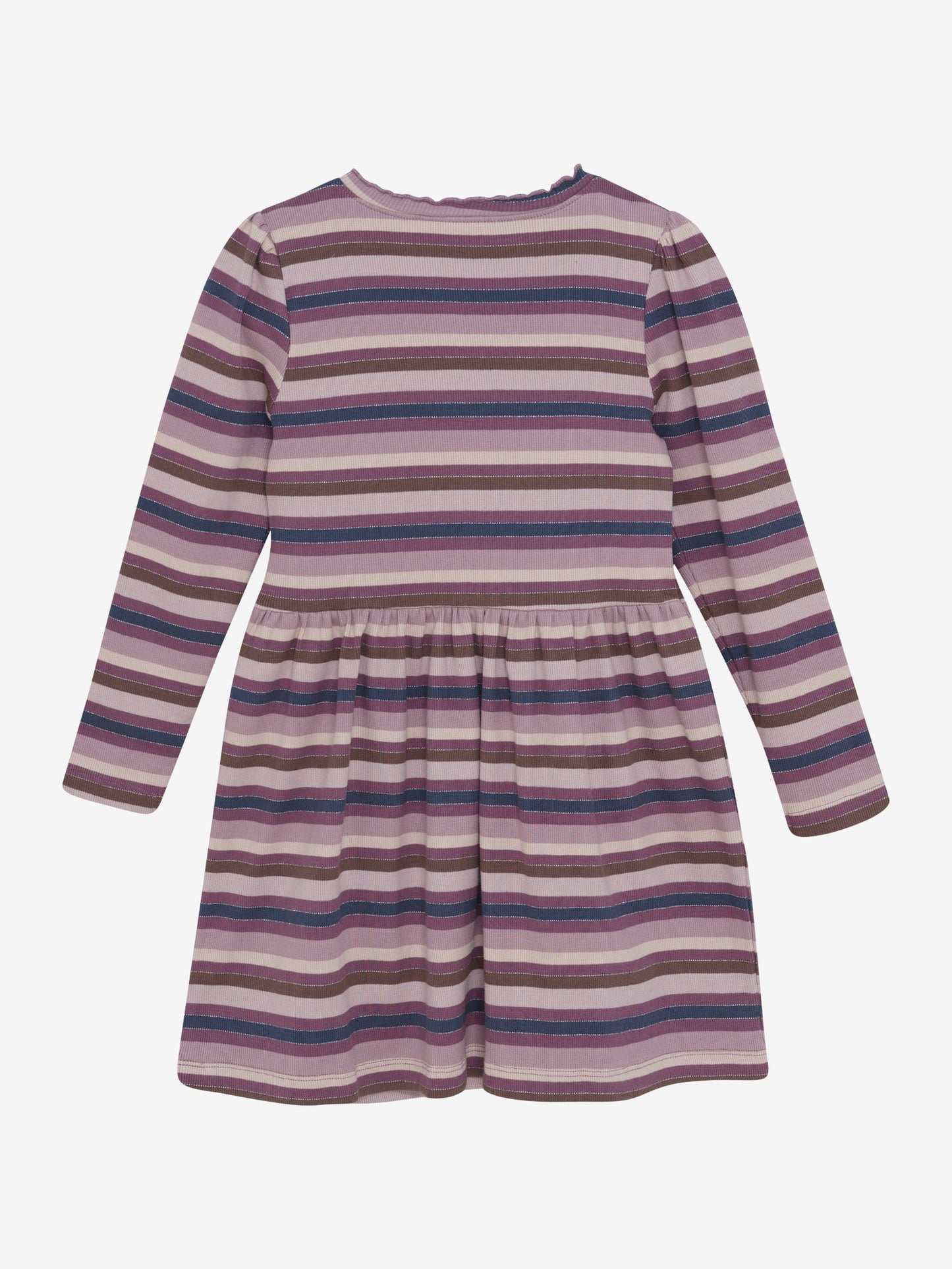Gestreiftes Mädchenkleid langarm, Rückansicht, in Lila-, Rosa- und Beigetönen