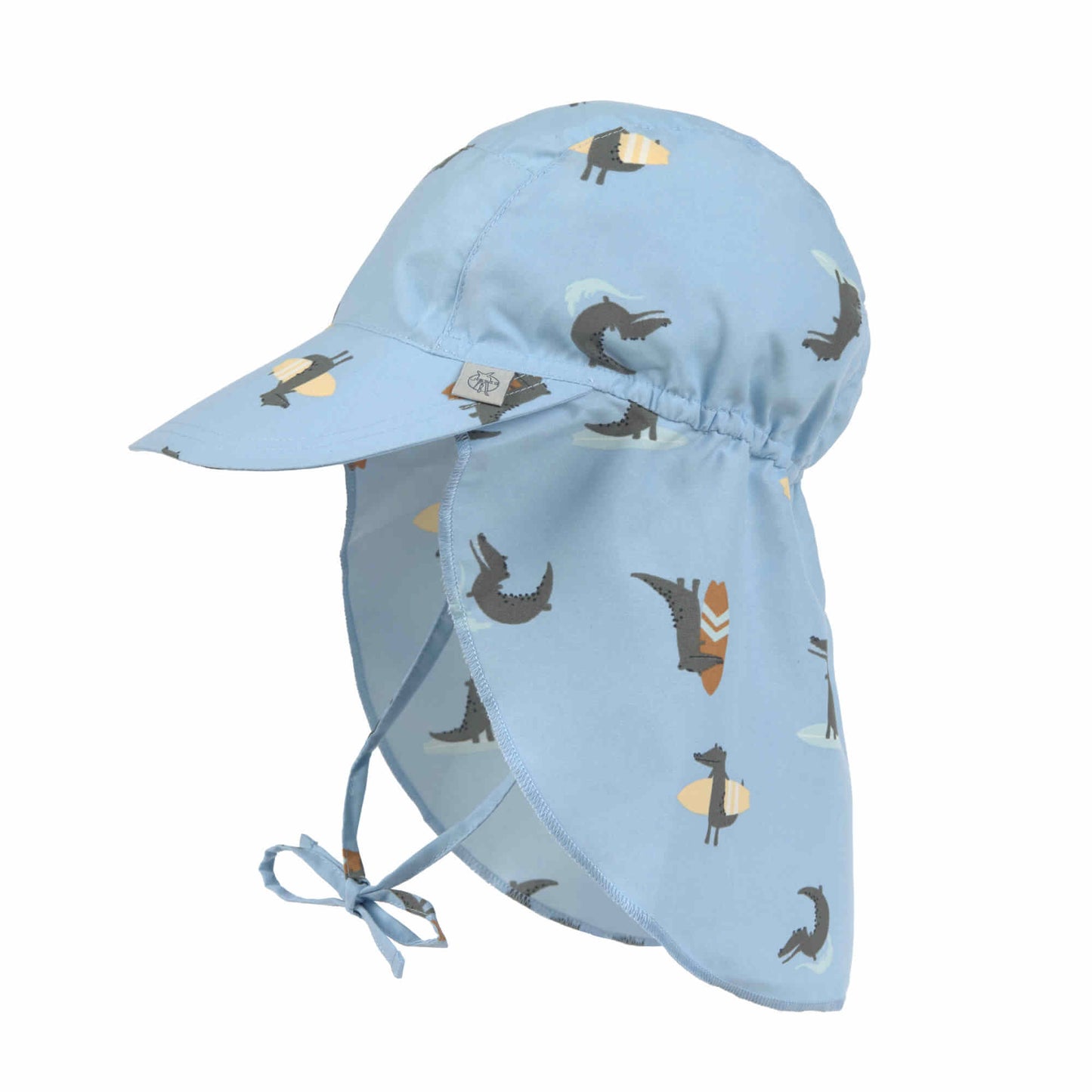 Baby Sonnenhut von Lässig mit UV-Schutz 80 in Hellblau – Frontalansicht mit Nackenschutz und Krokodil-Print.