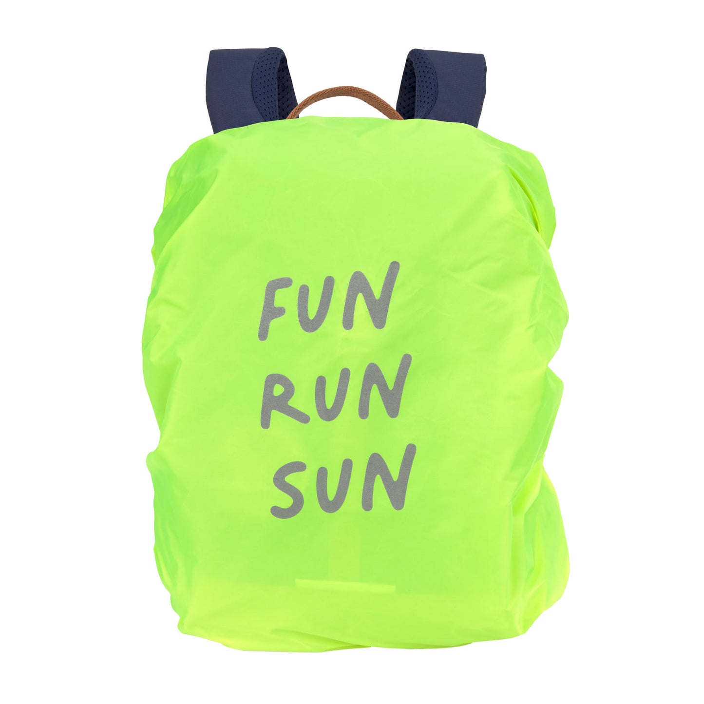 Leuchtender Regenschutz für den Lässig Rucksack in Navy mit Schriftzug „FUN RUN SUN“