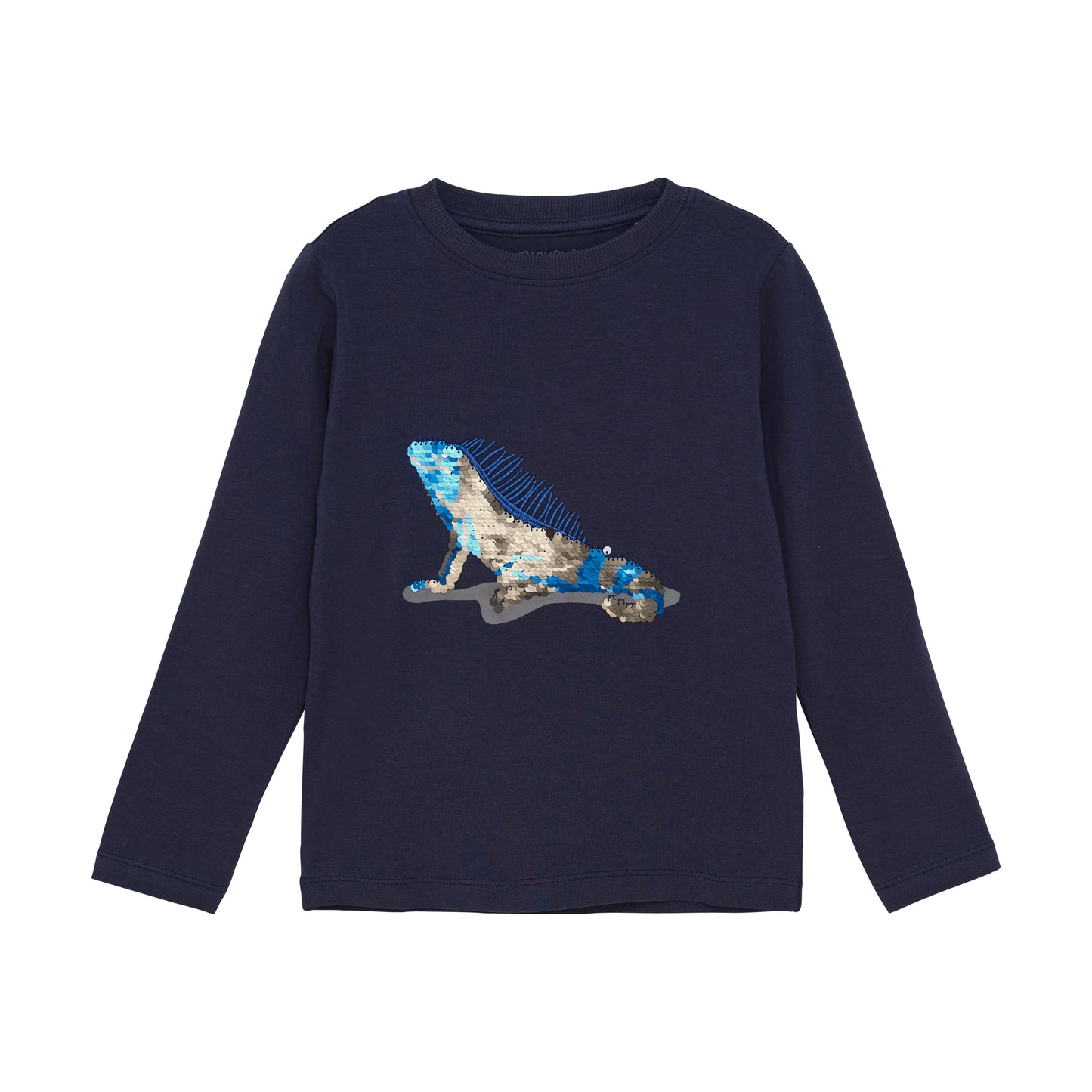 Dunkelblaues MINYMO Shirt mit Pailletten-Iguana – erhältlich bei Bärechind in Winterthur, Zürich, Schweiz.