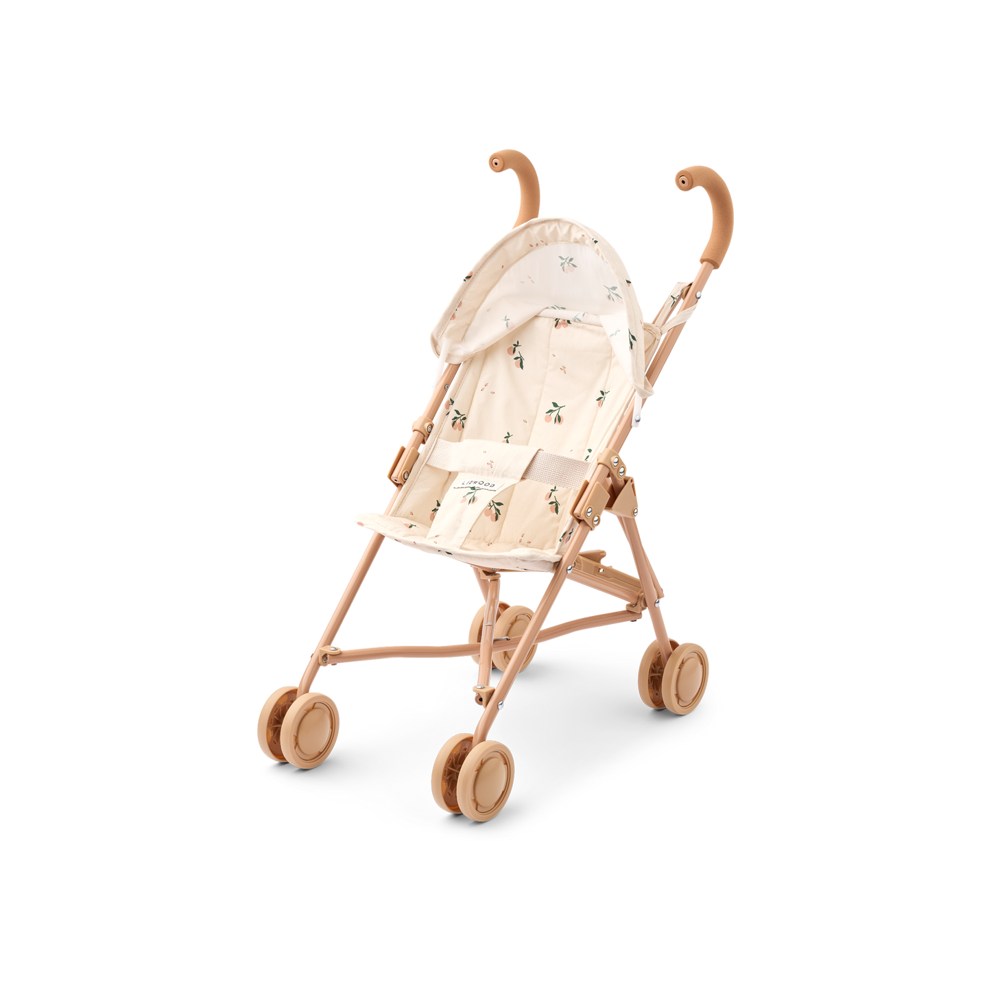 LIEWOOD Puppen-Buggy Elsie in Beige mit Pfirsichprint – zusammengebaut, frontal. Erhältlich Online oder im Kinderladen in Winterthur, Zürich, Schweiz.