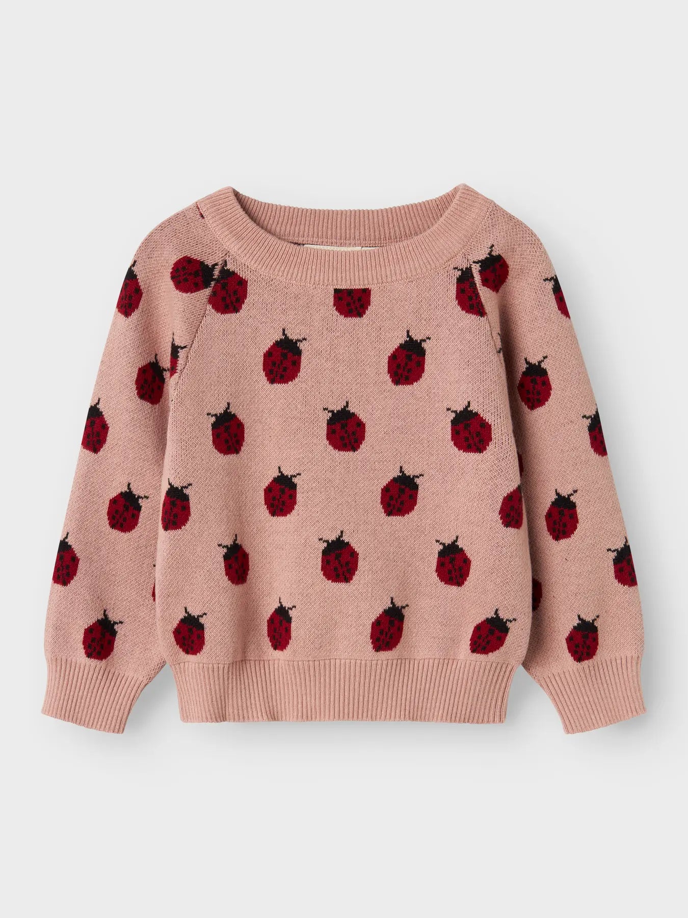 Vorderseite des rosa Lil'Atelier Bio-Pullovers mit Marienkäfer-Muster bei Bärechind in Winterthur, Zürich, Schweiz.