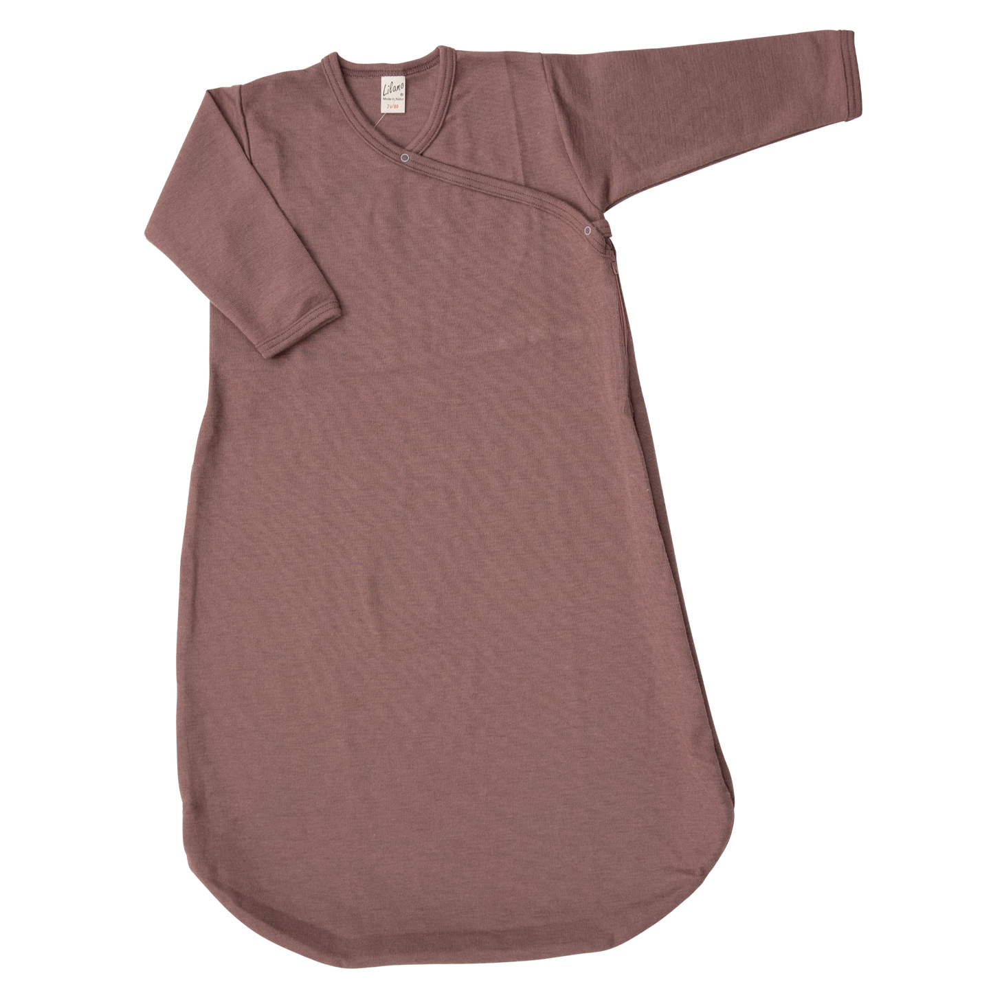 Lilano Babyschlafsack in Mauve aus temperaturregulierender Wolle-Seide-Mischung – nachhaltig produziert und ideal für warme Nächte. Erhältlich im Kinderladen in Winterthur, Zürich, Schweiz.
