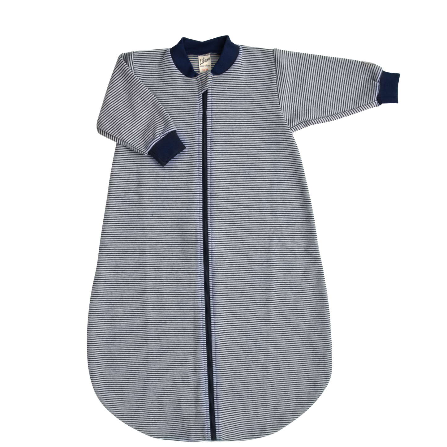 Lilano Babyschlafsack mit Ärmeln aus Wolle-Seide in Ringel Blau – weich, atmungsaktiv & temperaturregulierend.