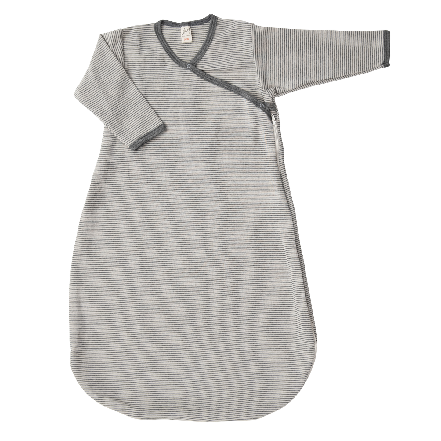 Lilano Babyschlafsack im Ringel-Design aus Wolle-Seide – nachhaltig, atmungsaktiv und temperaturregulierend.
