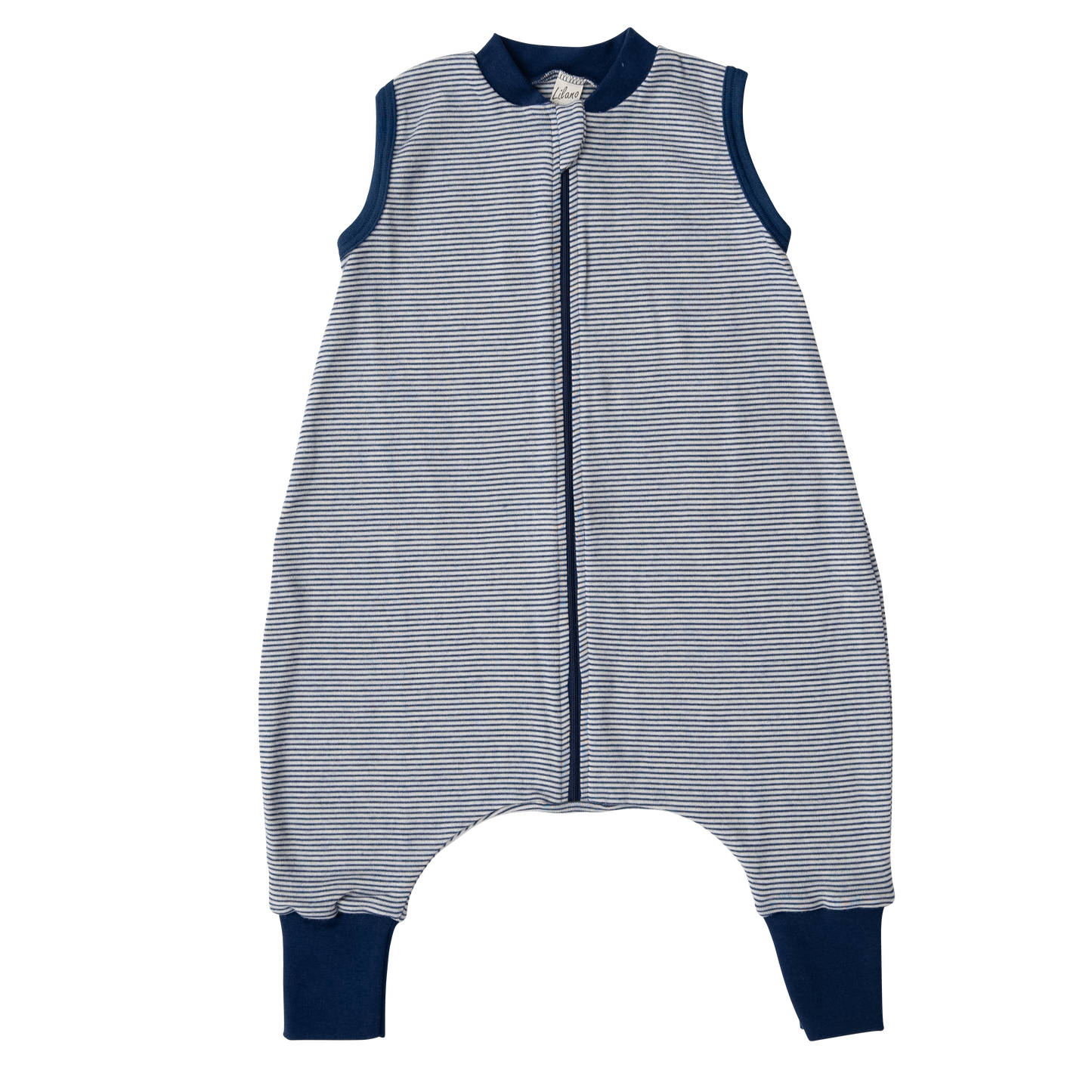 Nachhaltiger Lilano Schlafsack Ringel mit Füssen in Grau– Wolle-Seide für optimale Temperaturregulierung. Im Kinderladen in Winterthur, Zürich, Schweiz erhältlich, oder Online.