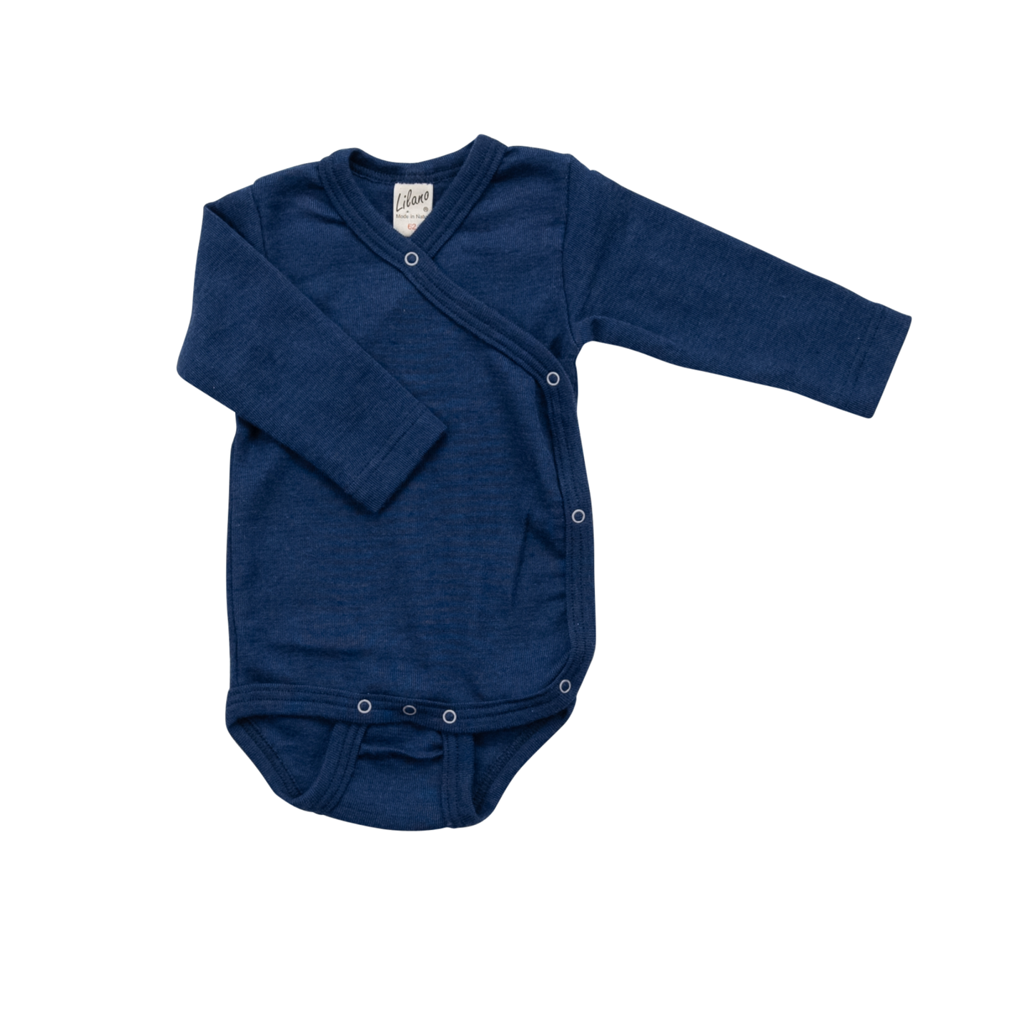 Lilano Wickelbody aus Wolle-Seide in Blau – weich, hautfreundlich & temperaturregulierend.