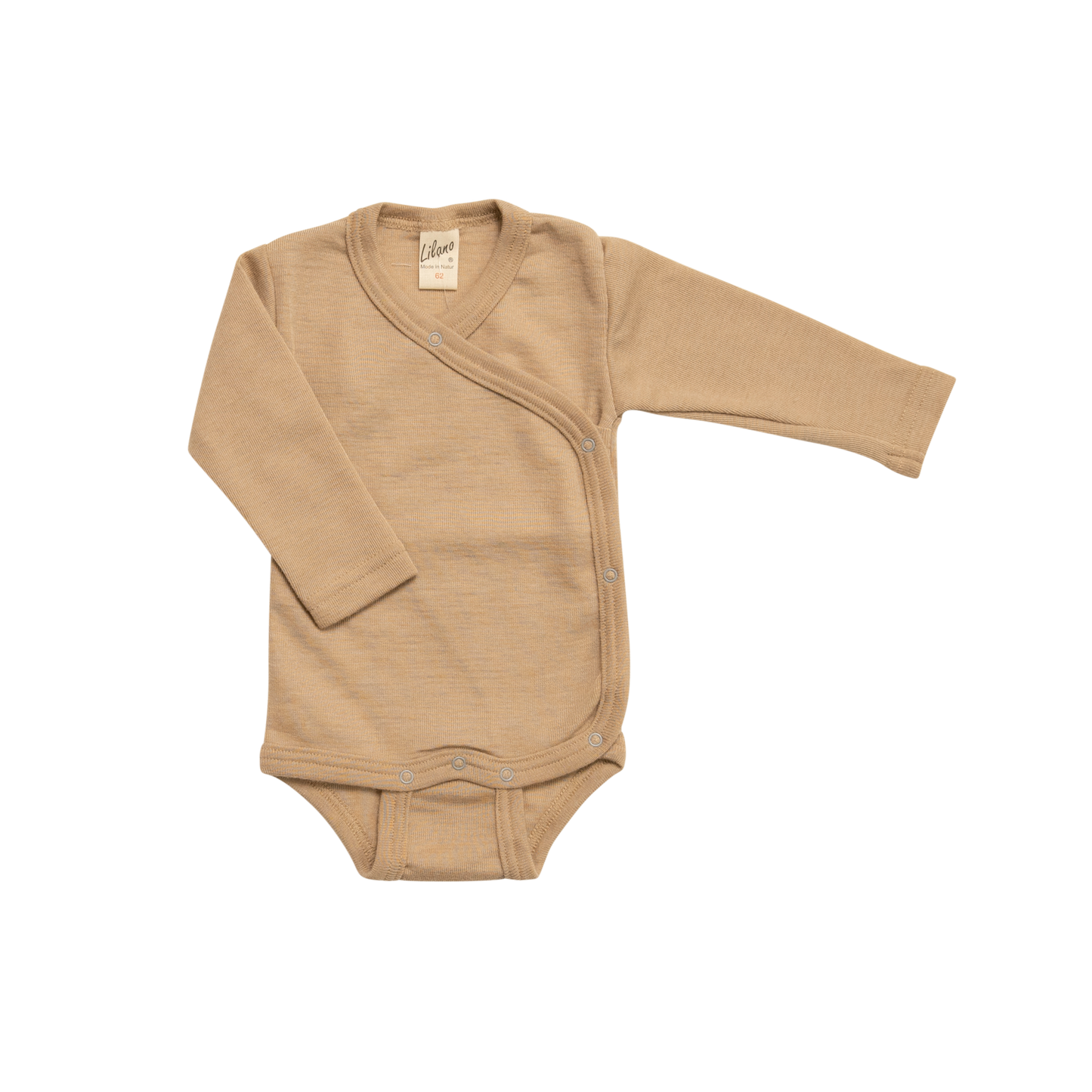 Lilano Wickelbody aus Wolle-Seide in Sand – weich, atmungsaktiv & temperaturregulierend.