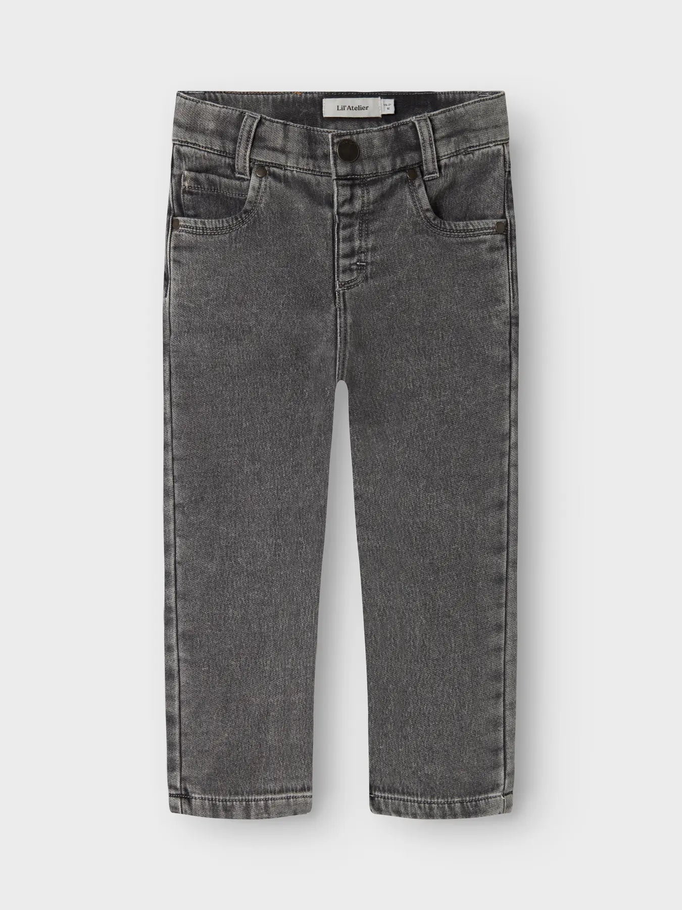 Graue Kinderjeans aus Baumwolle von LIL'ATELIER, flachliegend – bei Bärechind in Winterthur, Zürich Schweiz erhältlich.