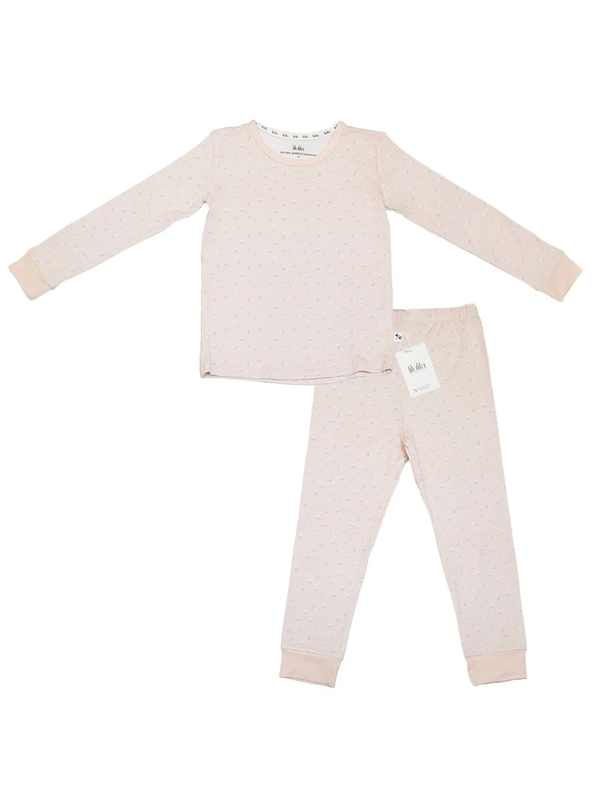 Zweiteiliger Kinderpyjama von Lilulila aus Bambus, Modell Coral Flower, flach hingelegt auf weissem Hintergrund erhältlich im Bärechind, Winterthur.