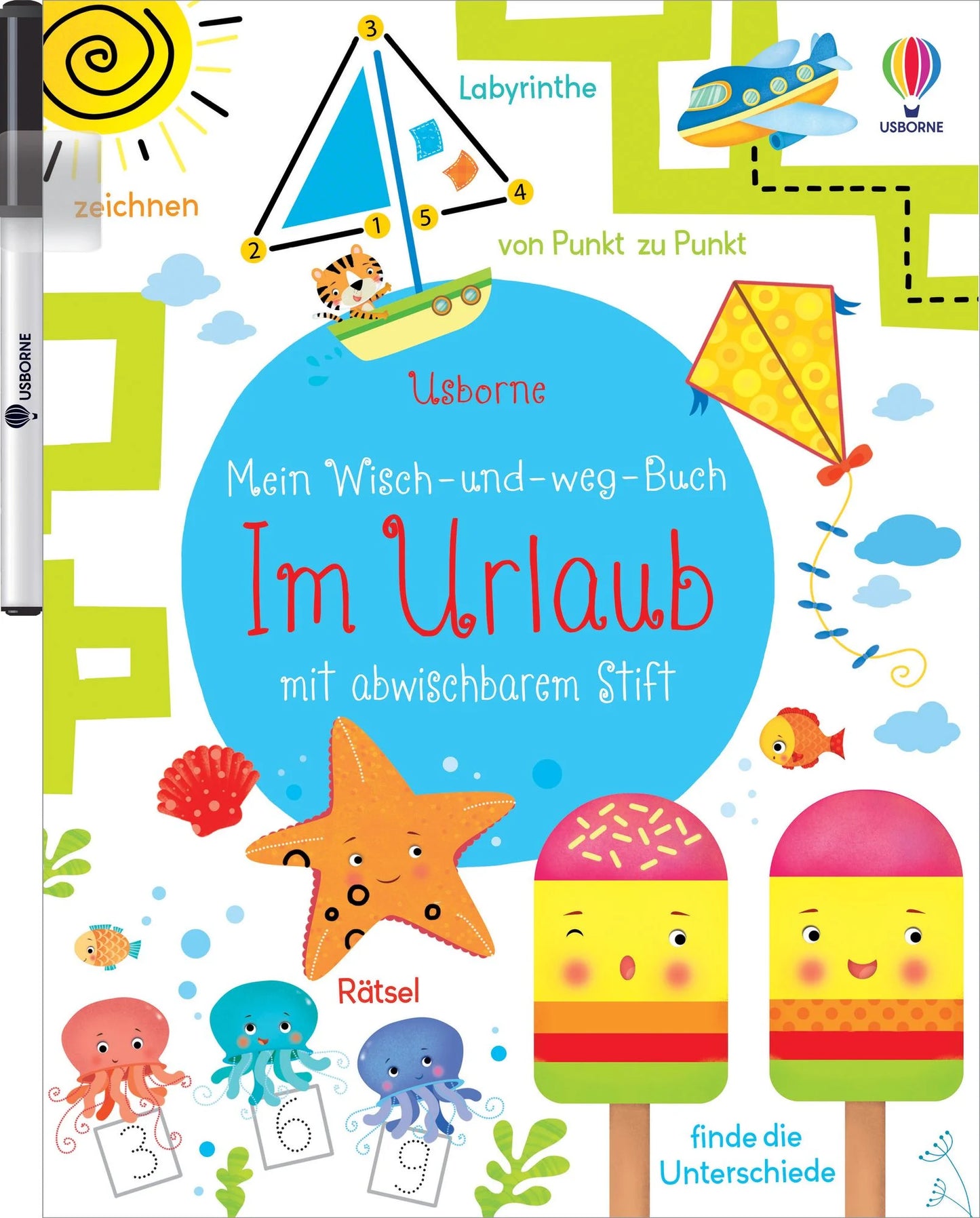 Das Wisch-und-weg-Buch "Im Urlaub" von Usborne mit abwischbarem Stift bietet Kindern abwechslungsreiche Rätsel, Labyrinthe und Suchaufgaben für unterwegs. Erhältlich im Bärechind Winterthur.