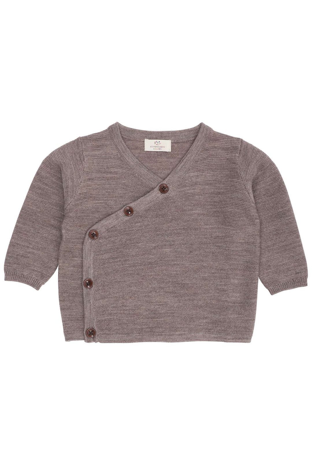 Natur melierte Baby Wickeljacke aus Merinowolle von Copenhagen Colors mit seitlicher Bindung, erhältlich im Bärechind in Winterthur, Zürich Schweiz