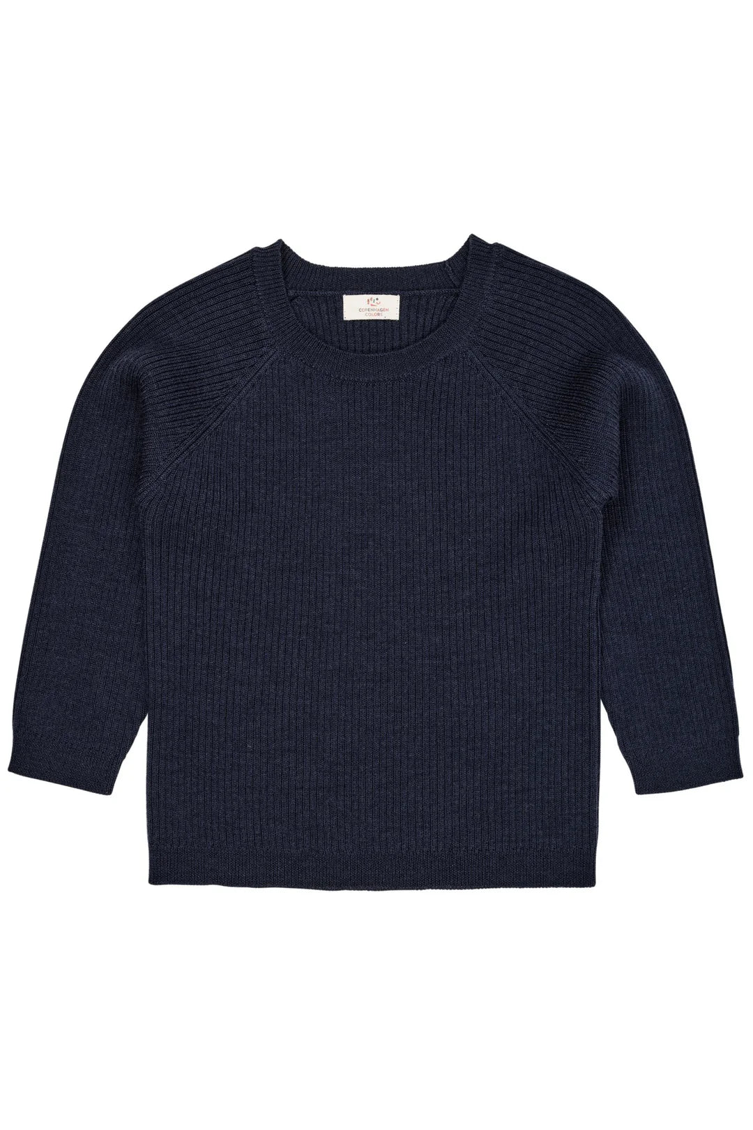 Dunkelblauer Merino Strickpullover für Kinder, frontal, erhältlich bei Bärechind in Winterthur, Zürich Schweiz.