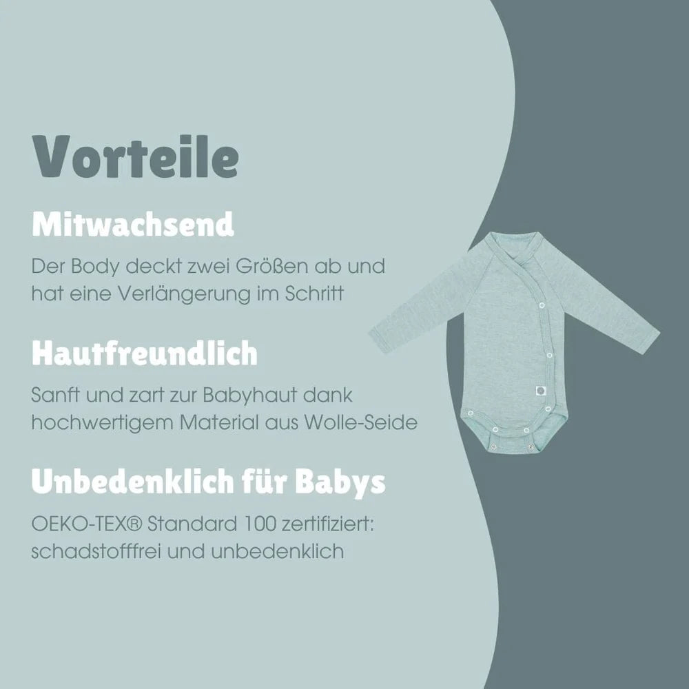 Übersicht zu den Eigenschaften des Emma & Noah Merino Wickelbodys für Babys, erhältlich im Bärechind