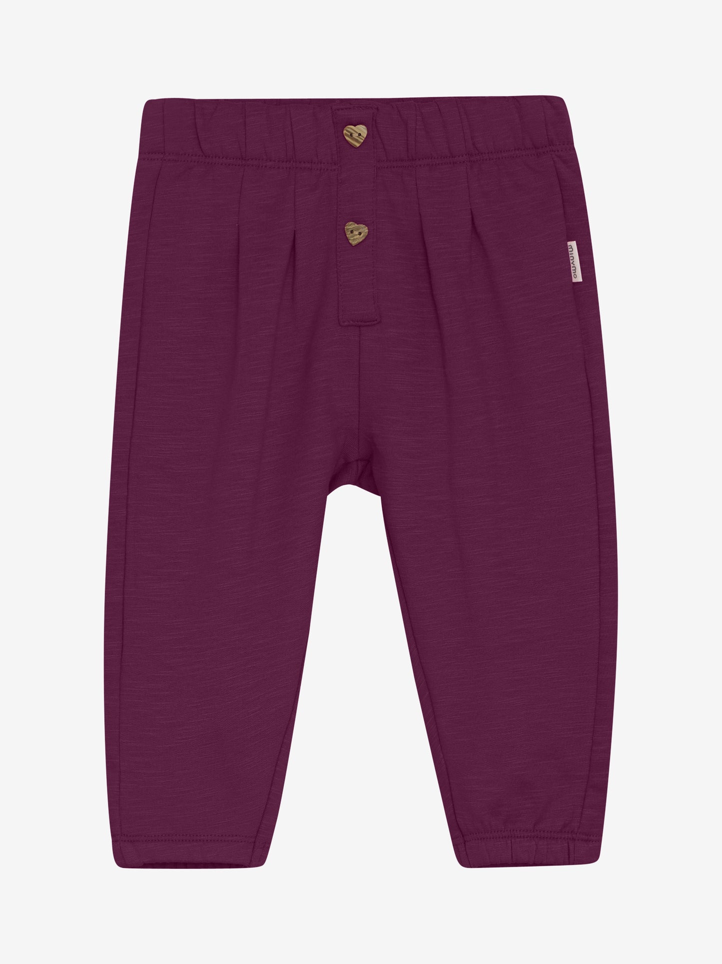 Baby Sweatpants in Himbeer von Minymo – Vorderansicht mit Holzknöpfen