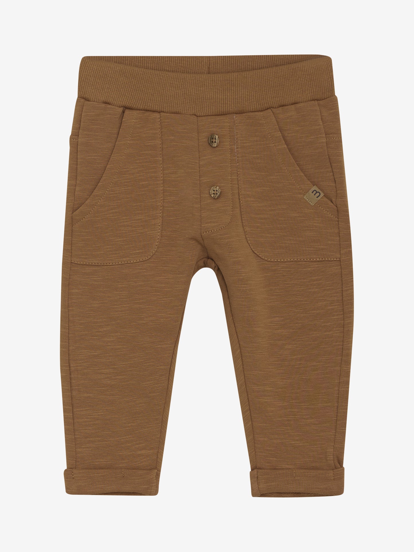 Braune Minymo Baby Sweatpants – Vorderansicht mit Bio-Baumwolle und Holzknöpfen