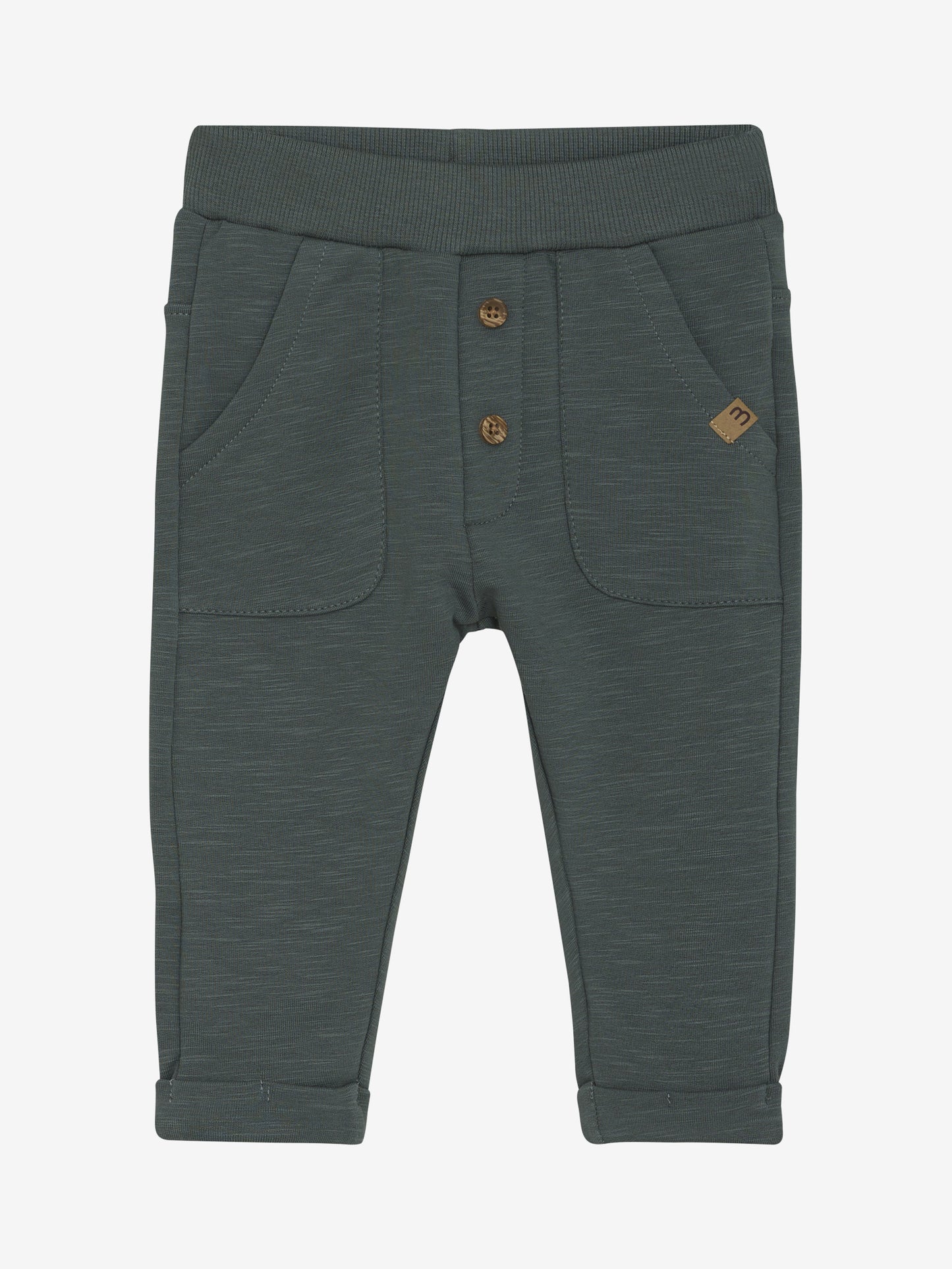 Baby Sweatpants von Minymo in Dunkelgrün – Vorderansicht mit Rippbund und Knöpfen