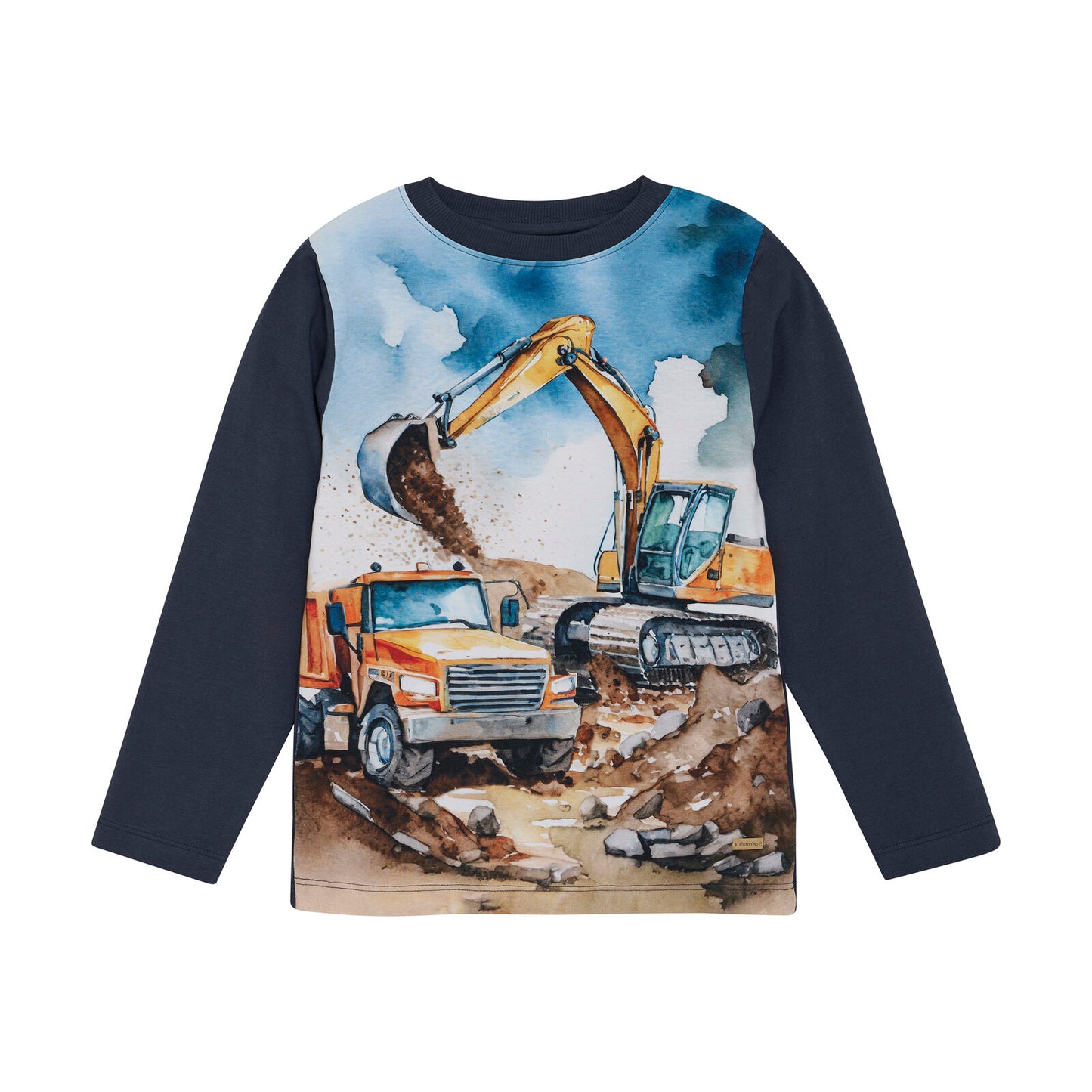 Langarmshirt von Minymo in Blau mit realistischem Bagger- und Lastwagen-Print – ideal für kleine Baustellen-Fans.