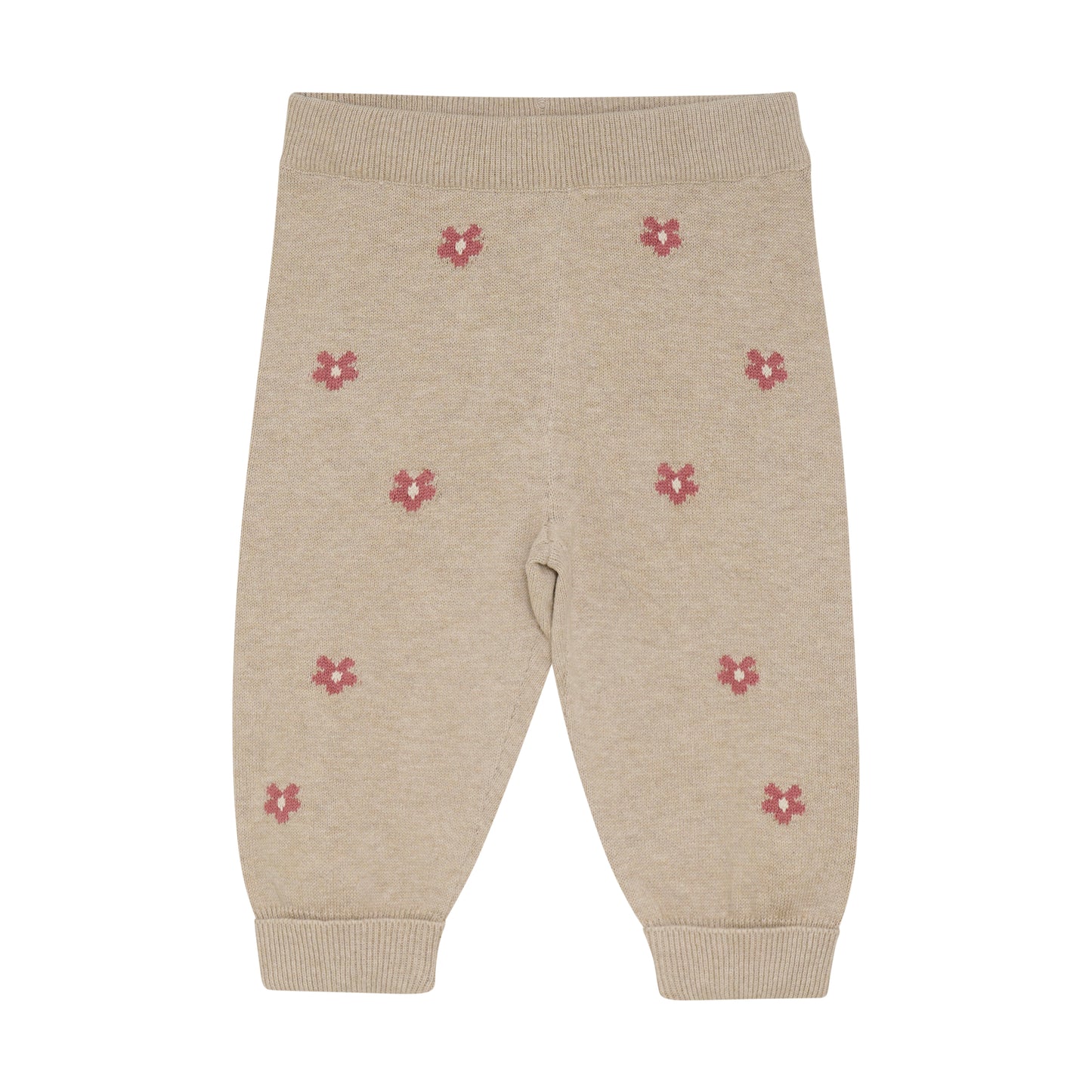 MINYMO Baby-Strickhose mit rosa Blumenmuster, Vorderseite – erhältlich bei Bärechind in Winterthur, Zürich, Schweiz.