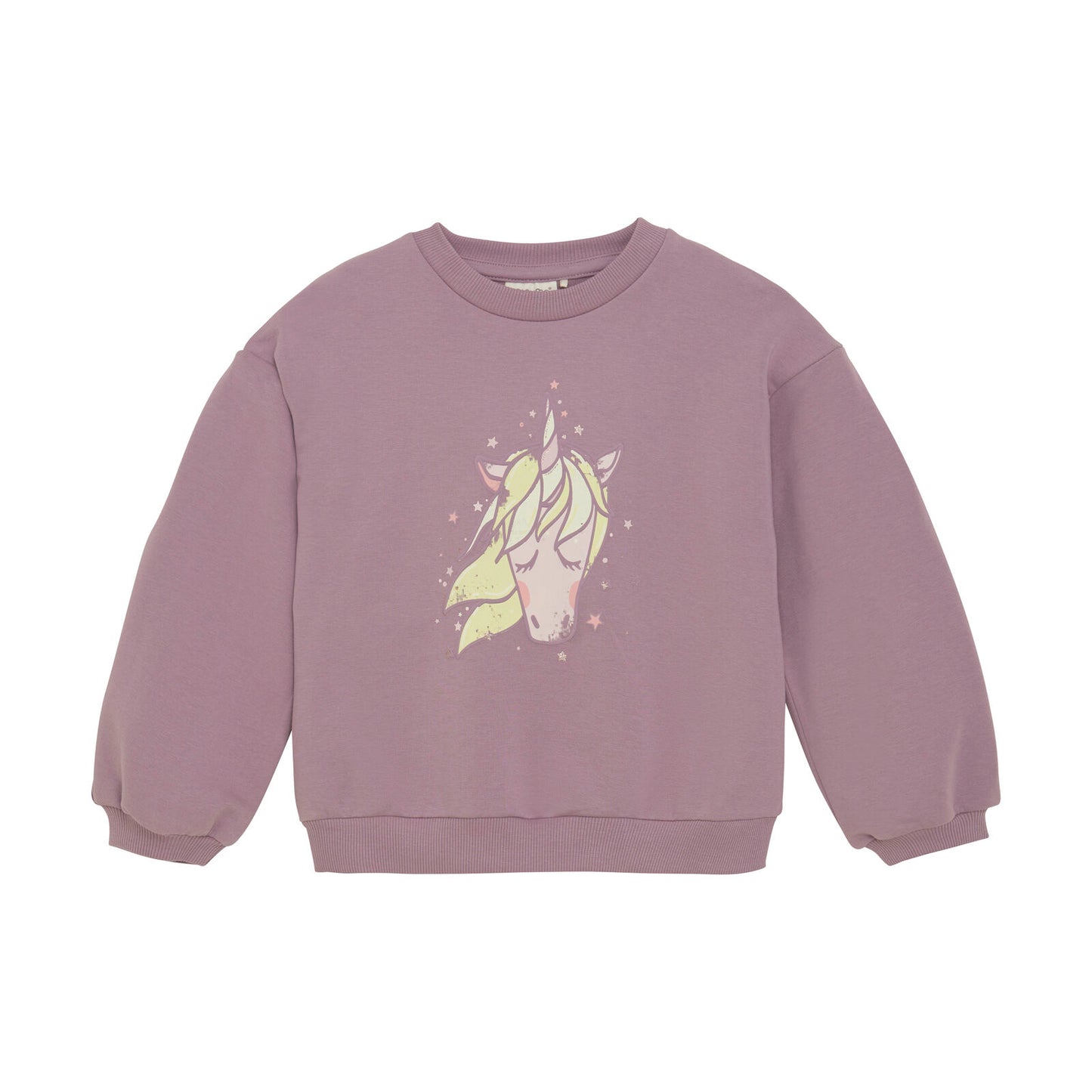 Lila Sweatshirt von Minymo mit zauberhaftem Einhorn-Print, Vorderansicht.