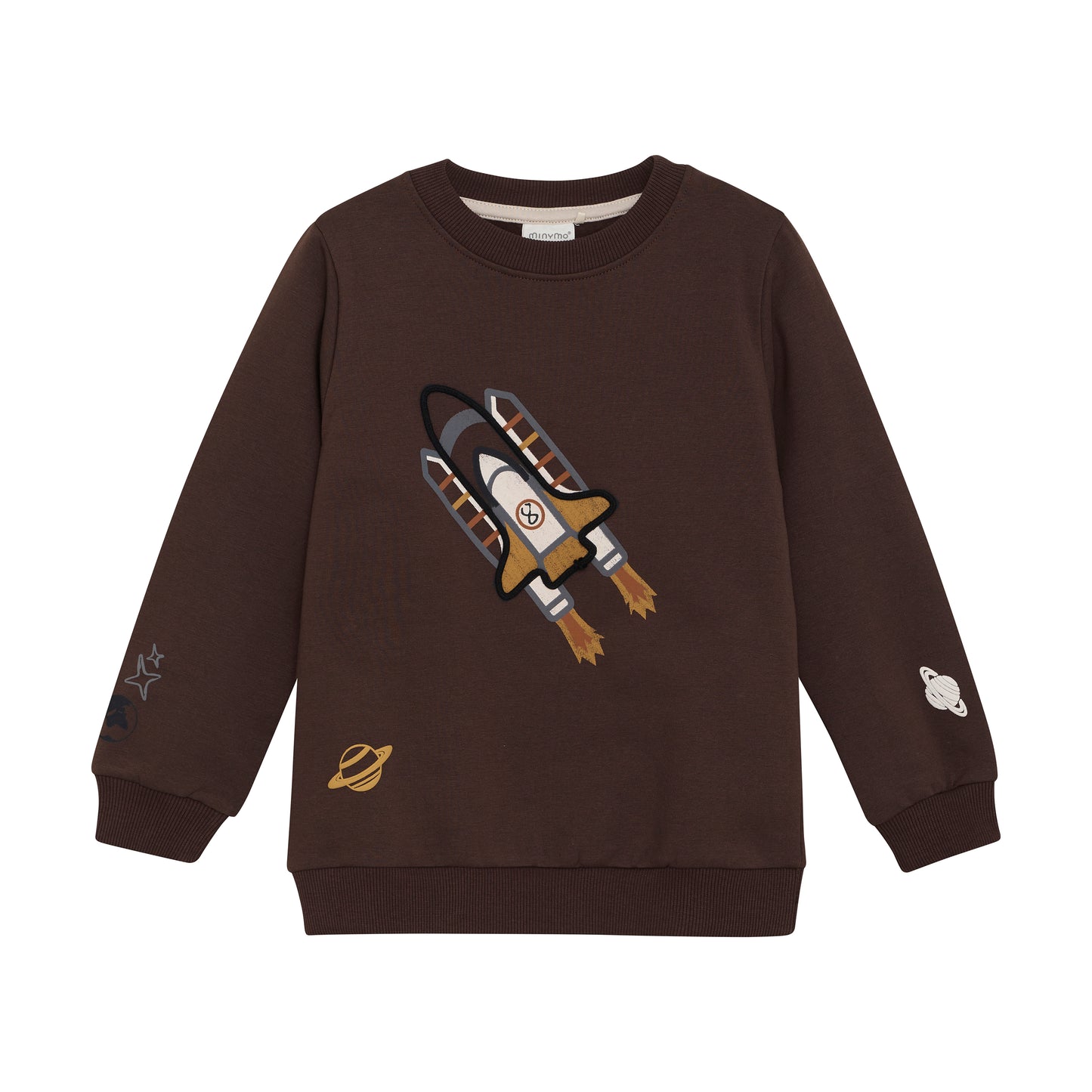Braunes MINYMO Sweatshirt mit Raketenmotiv aus Baumwolle – erhältlich bei Bärechind in Winterthur, Zürich Schweiz.