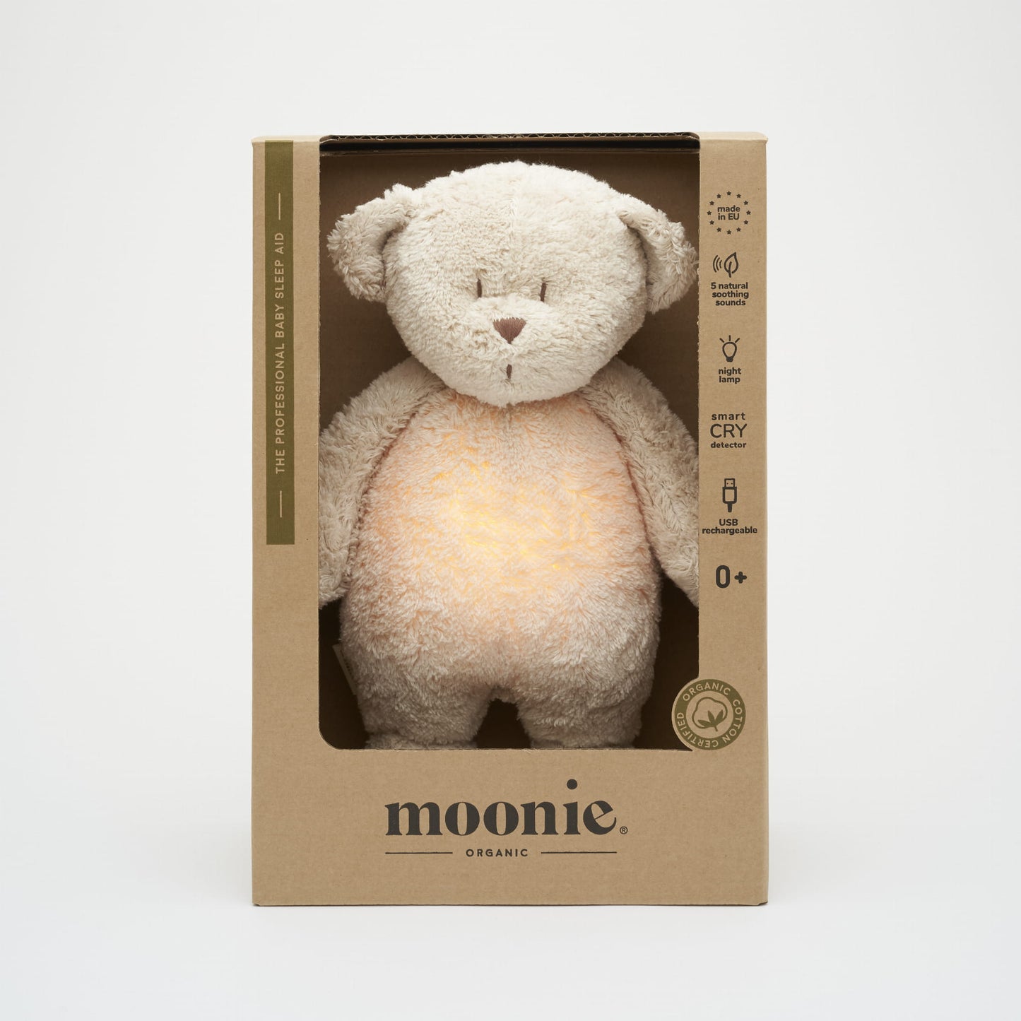 Moonie 2.0 Bär in stilvoller Verpackung – perfektes Geschenk für Babys mit Schlafhilfe-Funktion, Naturklängen und beruhigendem Licht. Jetzt in Winterthur, Zürich, Schweiz verfügbar.