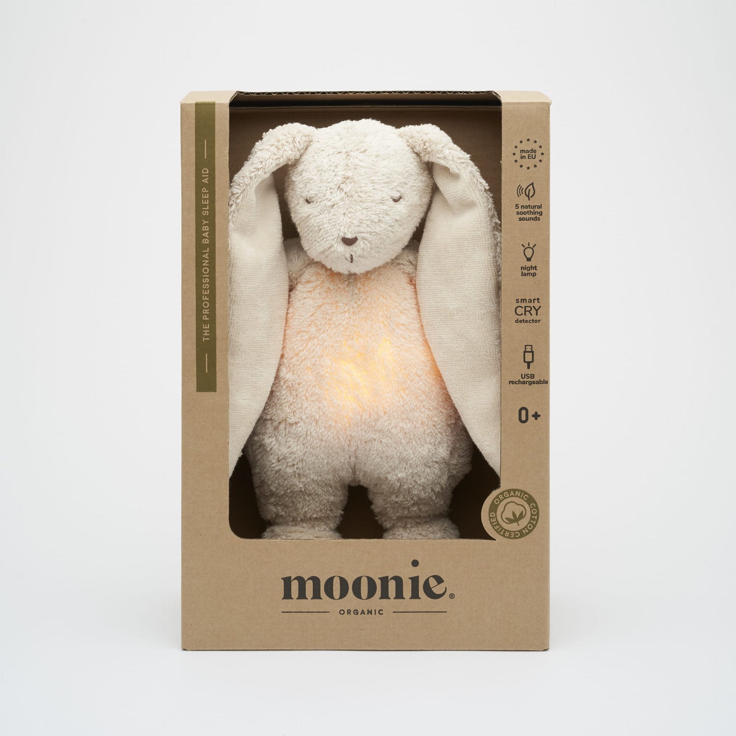 Moonie 2.0 Hase in stilvoller Verpackung – perfektes Geschenk für Babys mit Schlafhilfe-Funktion, Naturklängen und beruhigendem Licht. Jetzt in Winterthur, Zürich, Schweiz verfügbar.