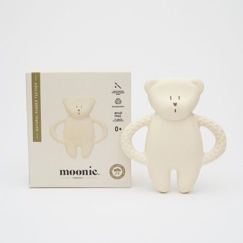 Verpackung des Moonie Beissrings aus Naturkautschuk – ideales Geschenk für Babys zur Unterstützung beim Zahnen. Online und in Winterthur, Zürich, Schweiz erhältlich.