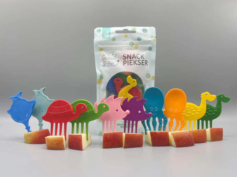 Pieksi 10er-Set „Typical Ten“ mit bunten Tier-Gabeln für Kinder – nachhaltige Snack Picker für Früchte, Bento & Znünibox, erhältlich bei Bärechind in der Schweiz