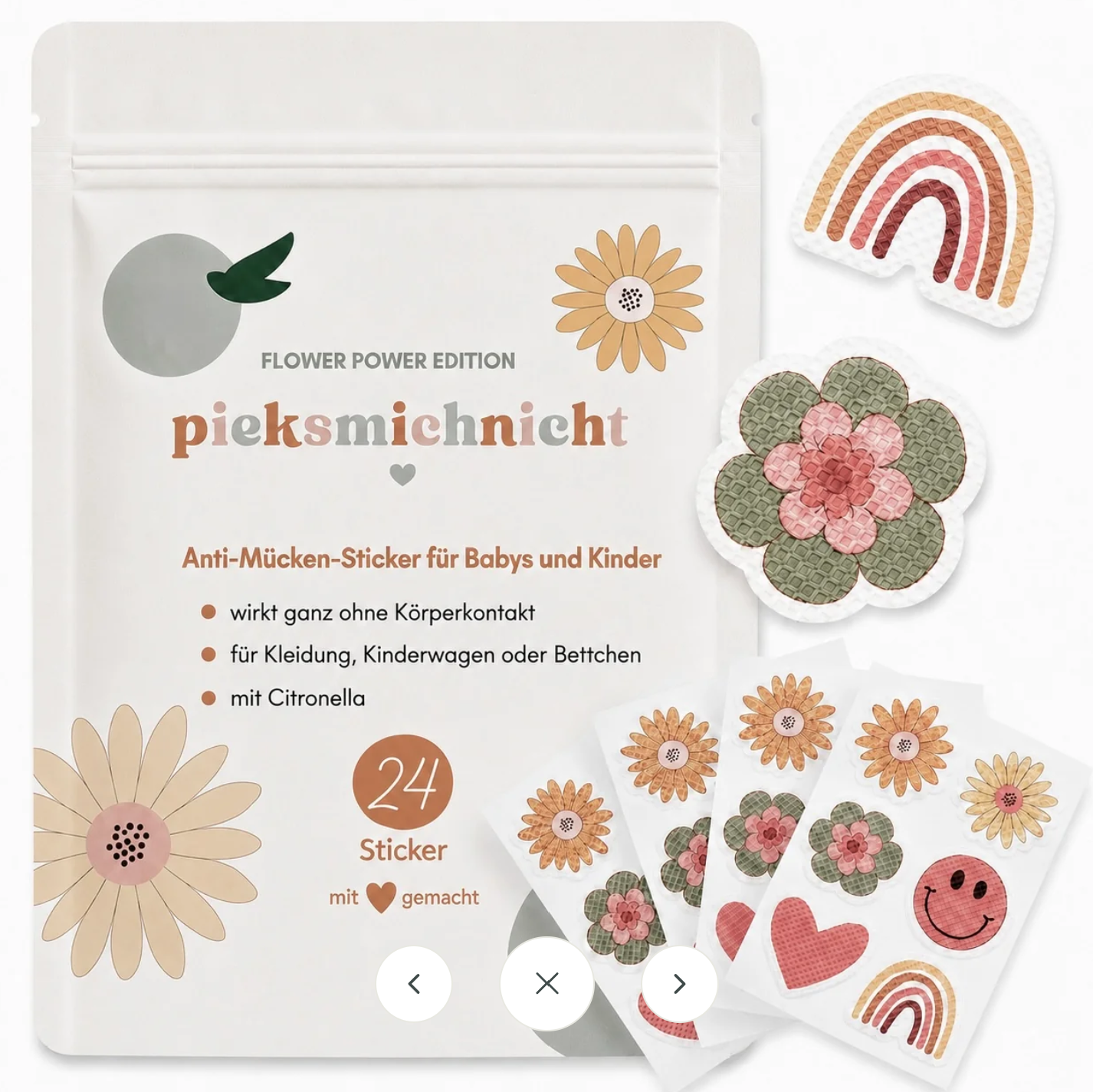 Pieksmichnicht pflanzliche Anti-Mücken Sticker mit Blumenmotiv Flower Power, erhältlich bei Bärechind