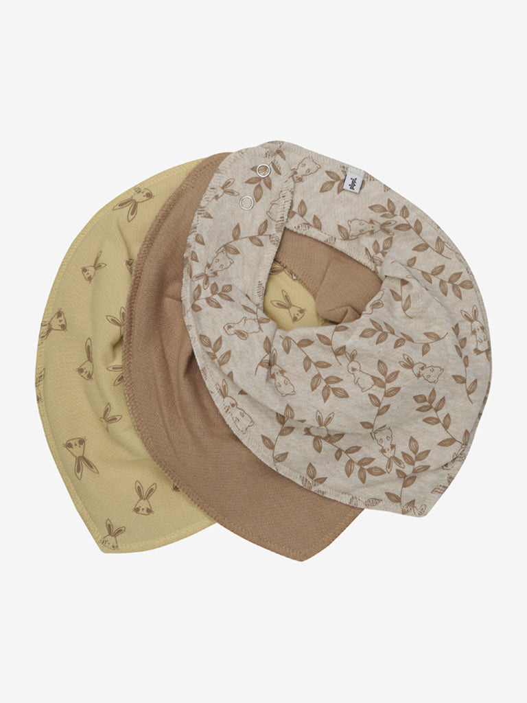 Dreiteiliges Bandana Lätzchen-Set in Braun und Weiss mit Hasenmotiv – nachhaltige Babyaccessoires aus weichem Stoff, erhältlich im Kinderladen in Winterthur