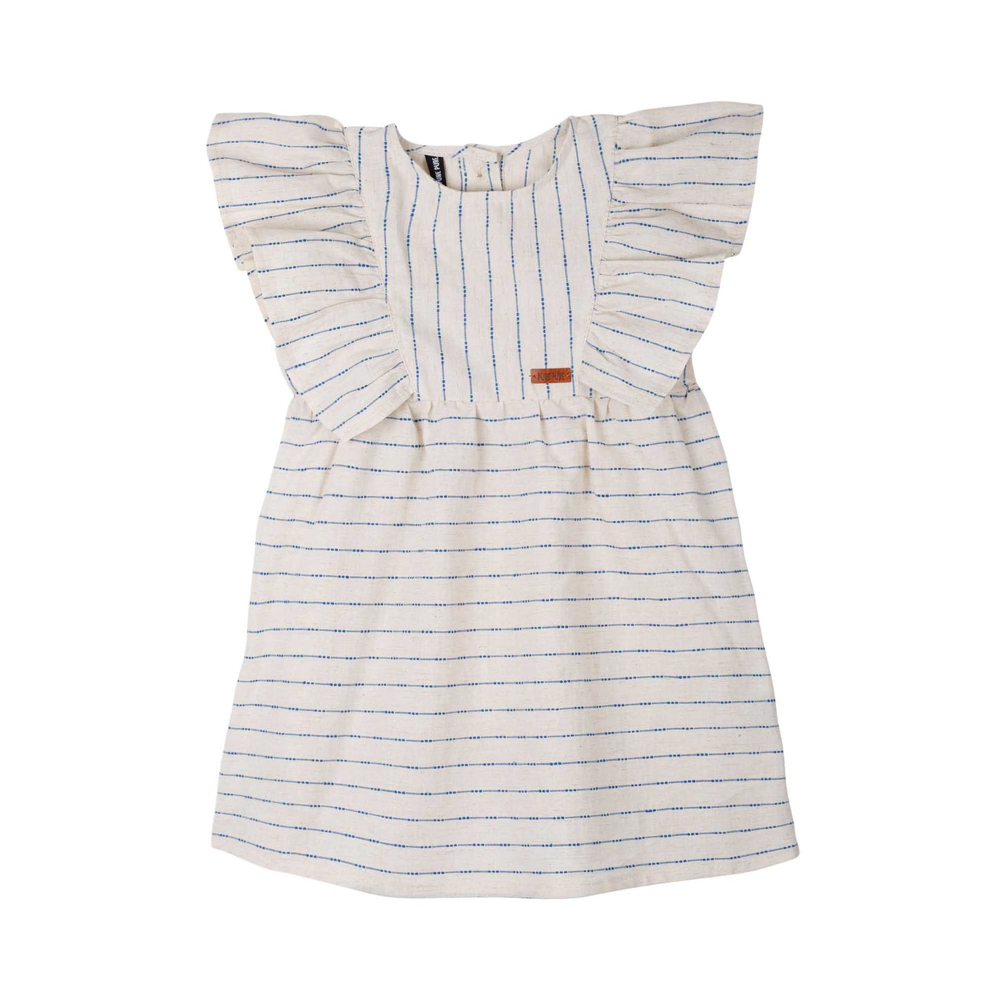 Luftiges Kinderkleid aus Baumwolle-Leinen-Mix in Weiss mit blauen Streifen von Pure Pure by Bauer – nachhaltige Kindermode in Winterthur, Zürich, Schweiz.