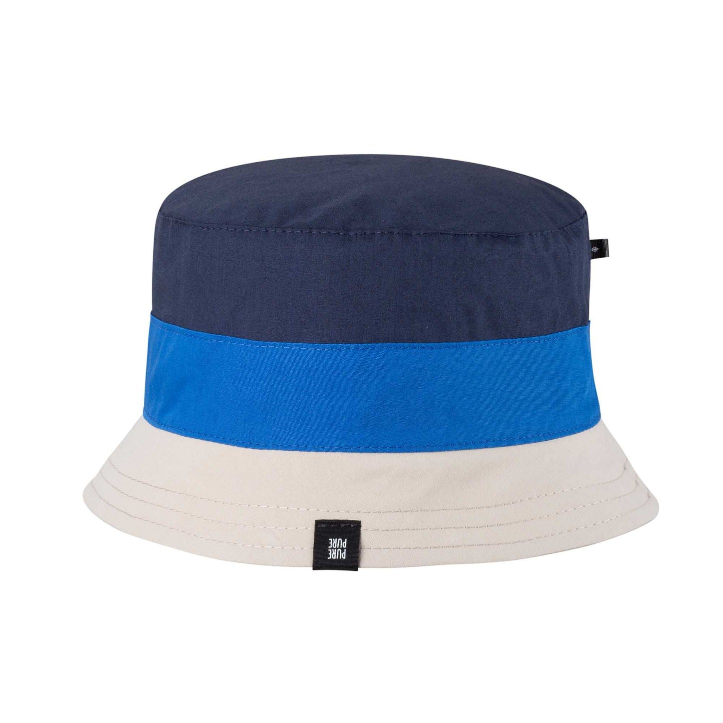Kinder Fischerhut von Pure Pure by Bauer in Blau & Beige mit breiter Krempe. UV-Schutz geprüft, GOTS-zertifiziert & nachhaltig. Perfekt für Sommerabenteuer in Winterthur, Zürich, Schweiz.