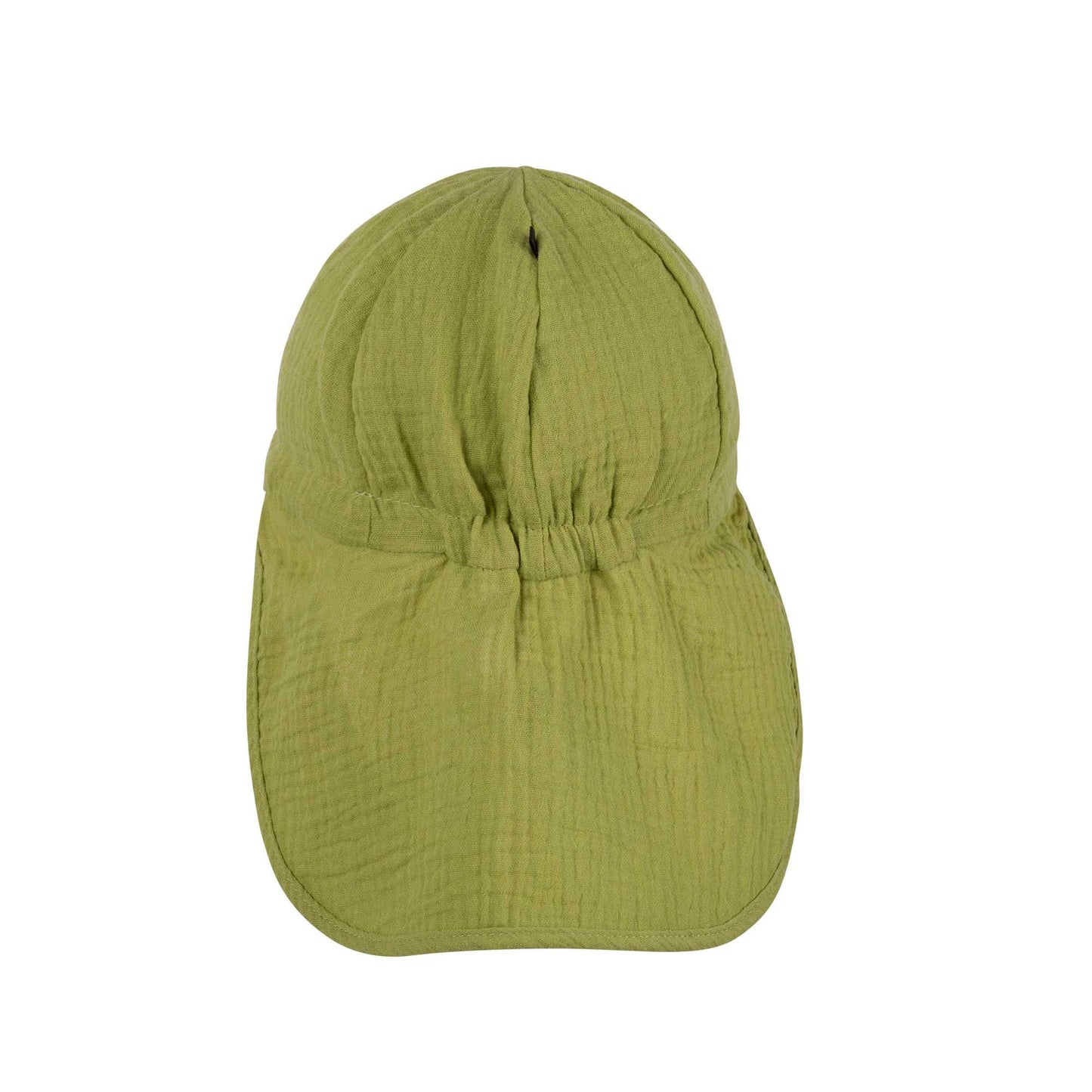 Kinder-Sonnenhut mit Nackenschutz aus weicher Bio-Baumwolle (Musselin) in avocado. Atmungsaktiv, leicht & perfekt für den Sommer. Erhältlich in Winterthur, Zürich, Schweiz.