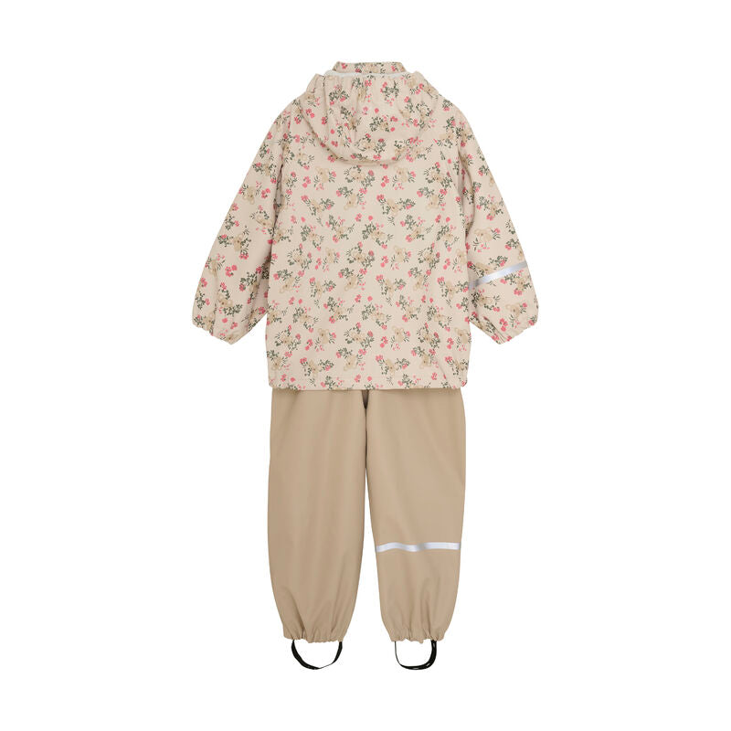 Rückansicht des „Regenset – Koalabär“ von CeLaVi mit Blumendruck auf der Jacke und schlichter Regenhose.