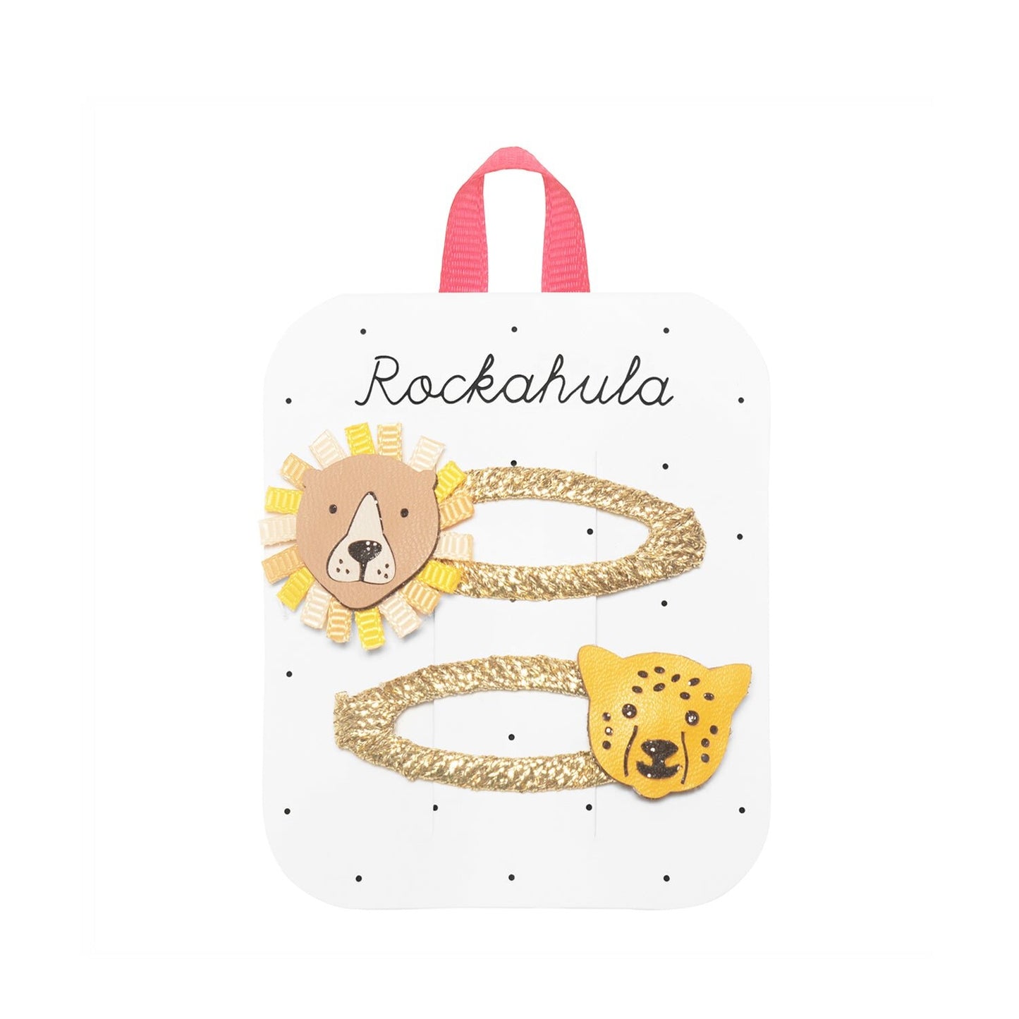 Rockahula Haarspangen mit einem Löwen- und Gepard-Design, auf einer dekorativen Verpackung