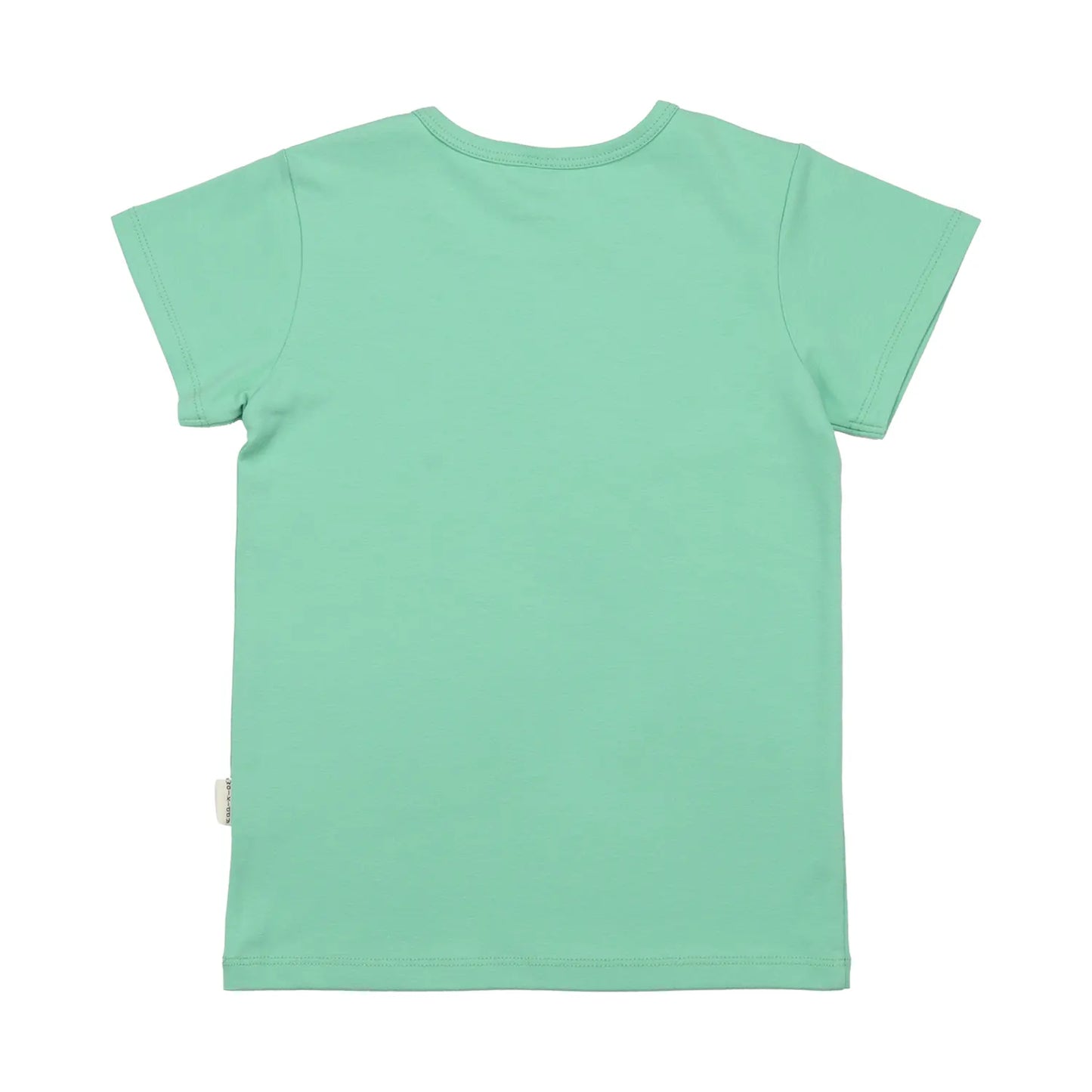 Rückansicht eines Kinder-T-Shirts in Mintgrün aus Bio-Baumwolle, schlicht und nachhaltig.