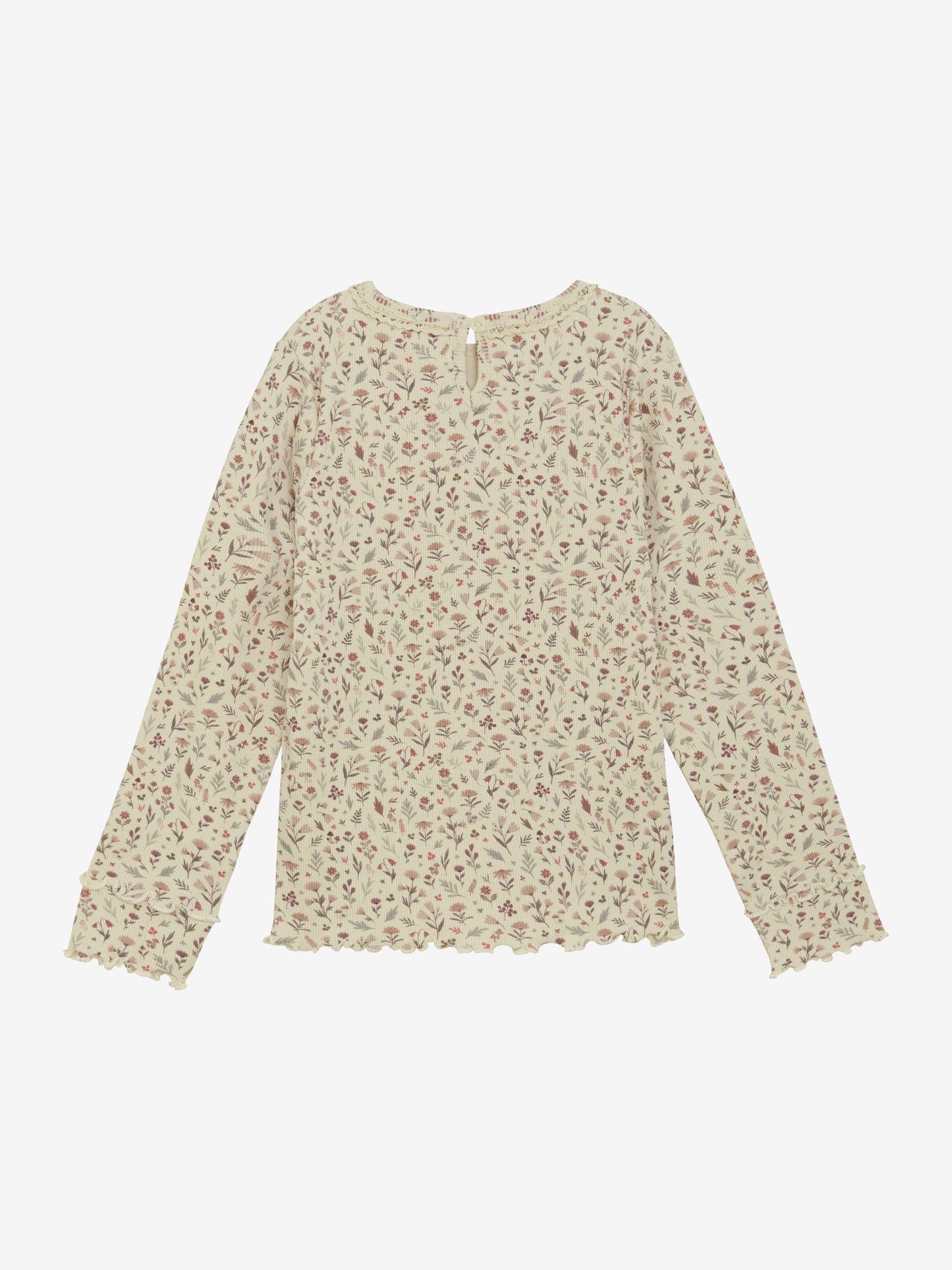 Rückansicht des sandfarbenen Minymo Shirts aus Bio-Rippstoff – zu finden im Bärechind, Winterthur.