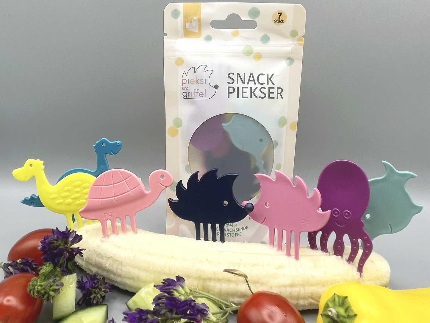 Buntes 7er-Set Snack Pieker Tiere von pieksiundgriffel auf Obst, erhältlich bei Bärechind Winterthur Zürich Schweiz.