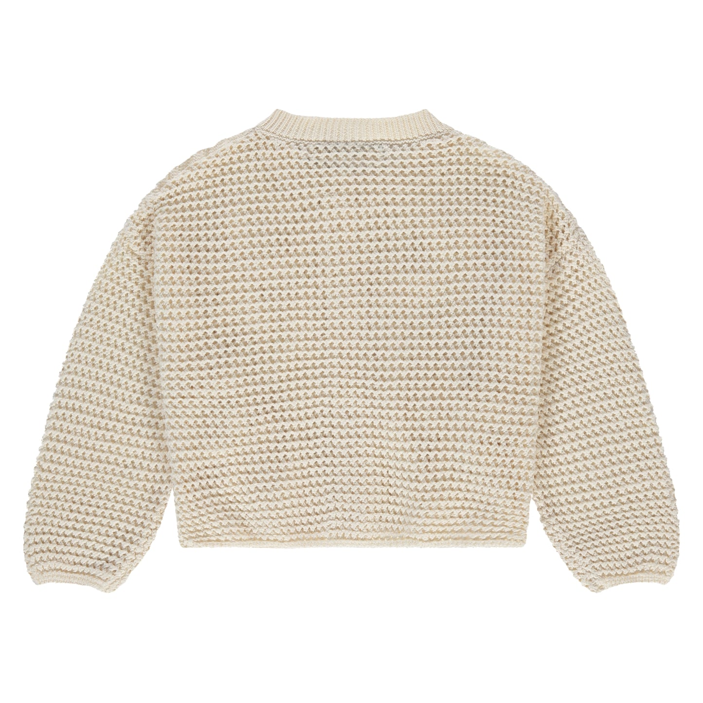 Rückansicht des Strickcardigans von Stains & Stories in Ivory mit weichem Strick im Bärechind