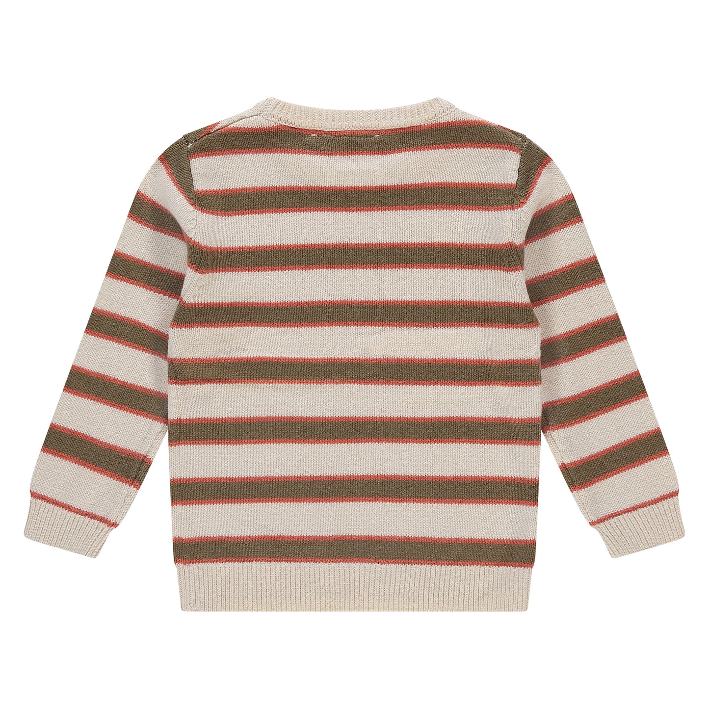 Rückansicht des gestreiften Jungenpullovers "Off White" von Stains & Stories mit Rundhalsausschnitt und Rippbündchen.