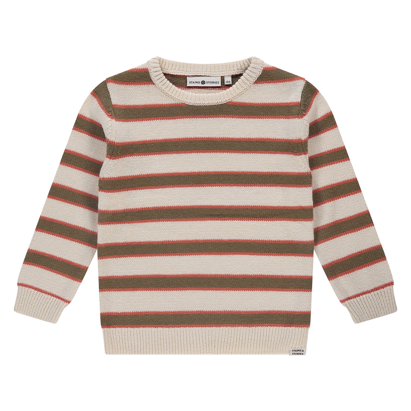 Vorderansicht des gestreiften Jungenpullovers "Off White" von Stains & Stories in Off-White und Braun.