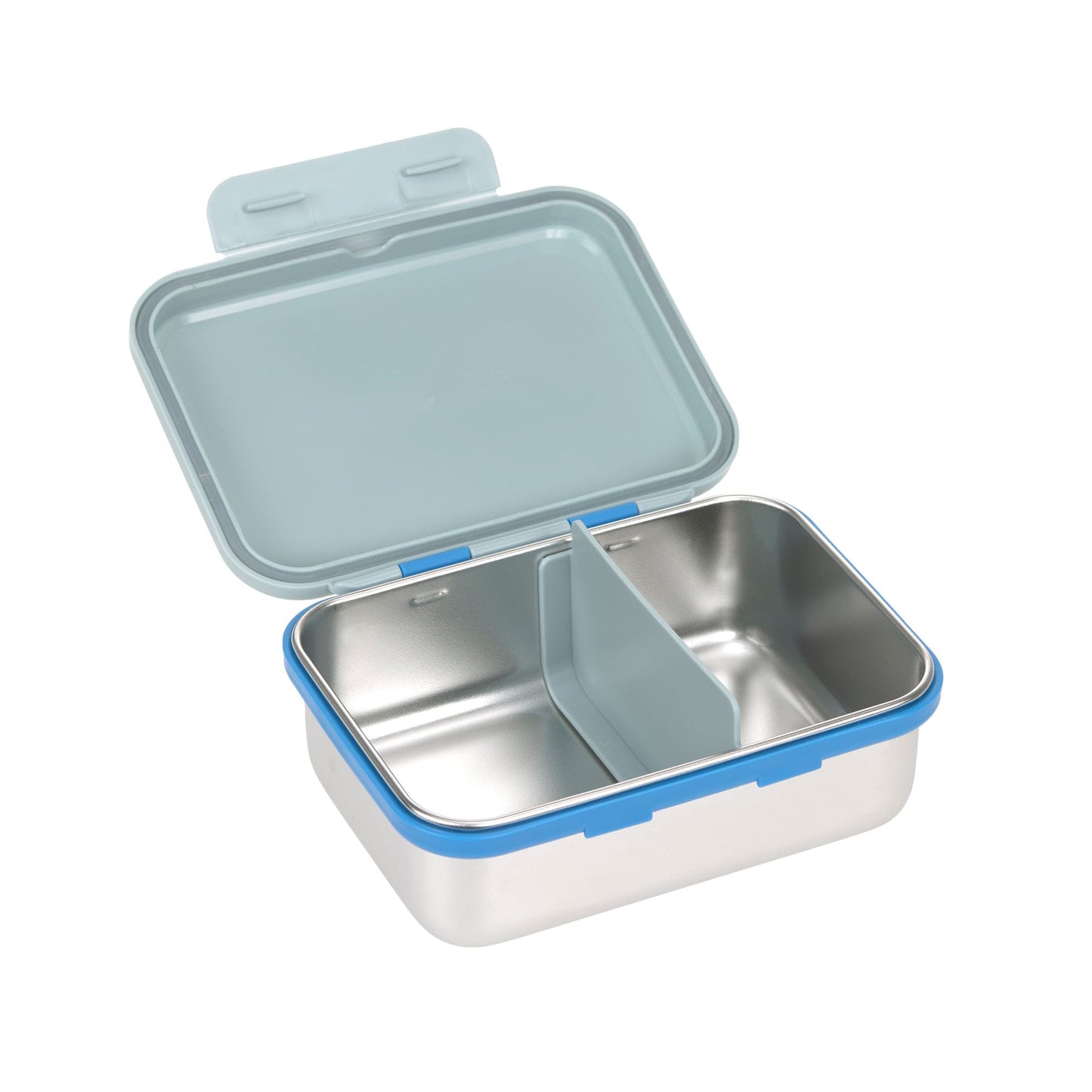 Geöffnete SunnyExplorer Lunchbox in Blau mit Edelstahl-Einsatz und Silikondichtung – Bärechind Winterthur