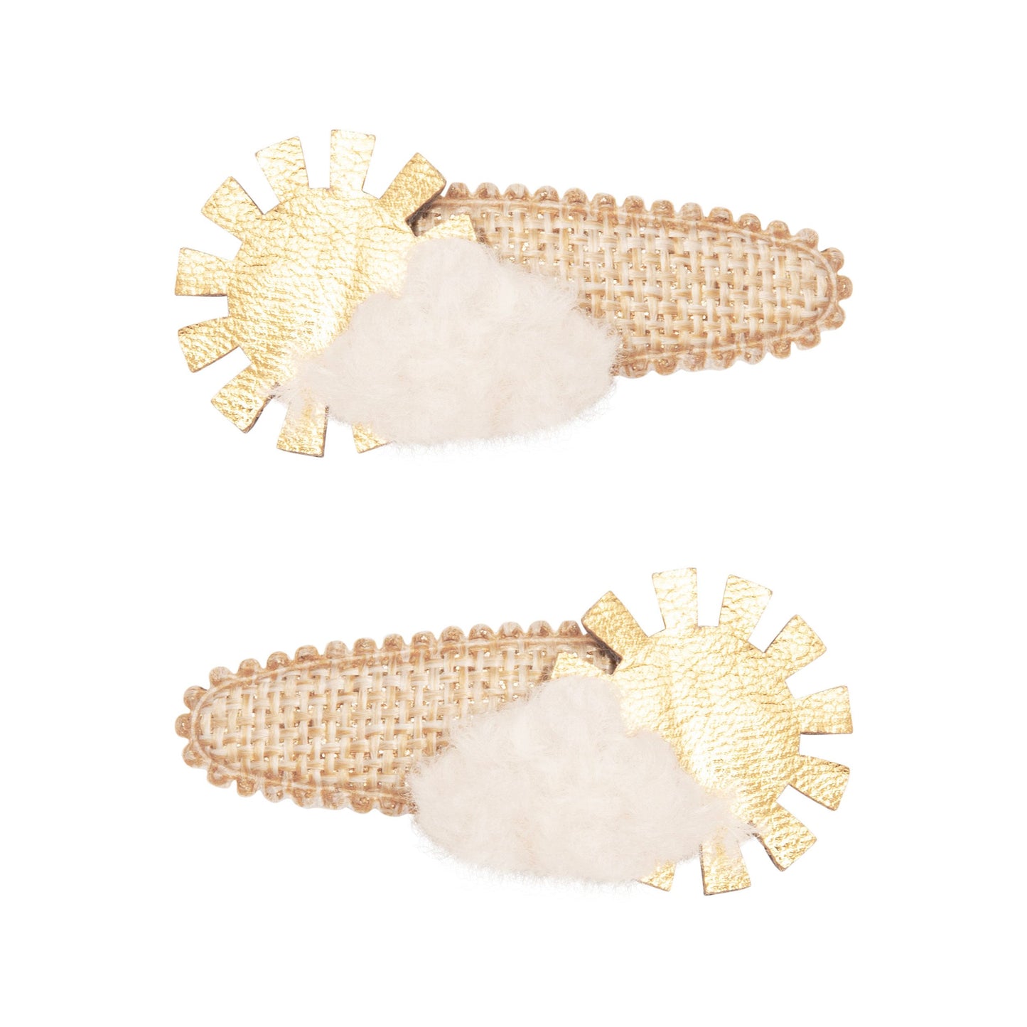 Sunshine Clic Clacs von Mimi & Lula – verspielte Haarspangen mit goldenen Sonnenstrahlen und einer weichen Wolke, erhältlich in Winterthur, Zürich, Schweiz.
